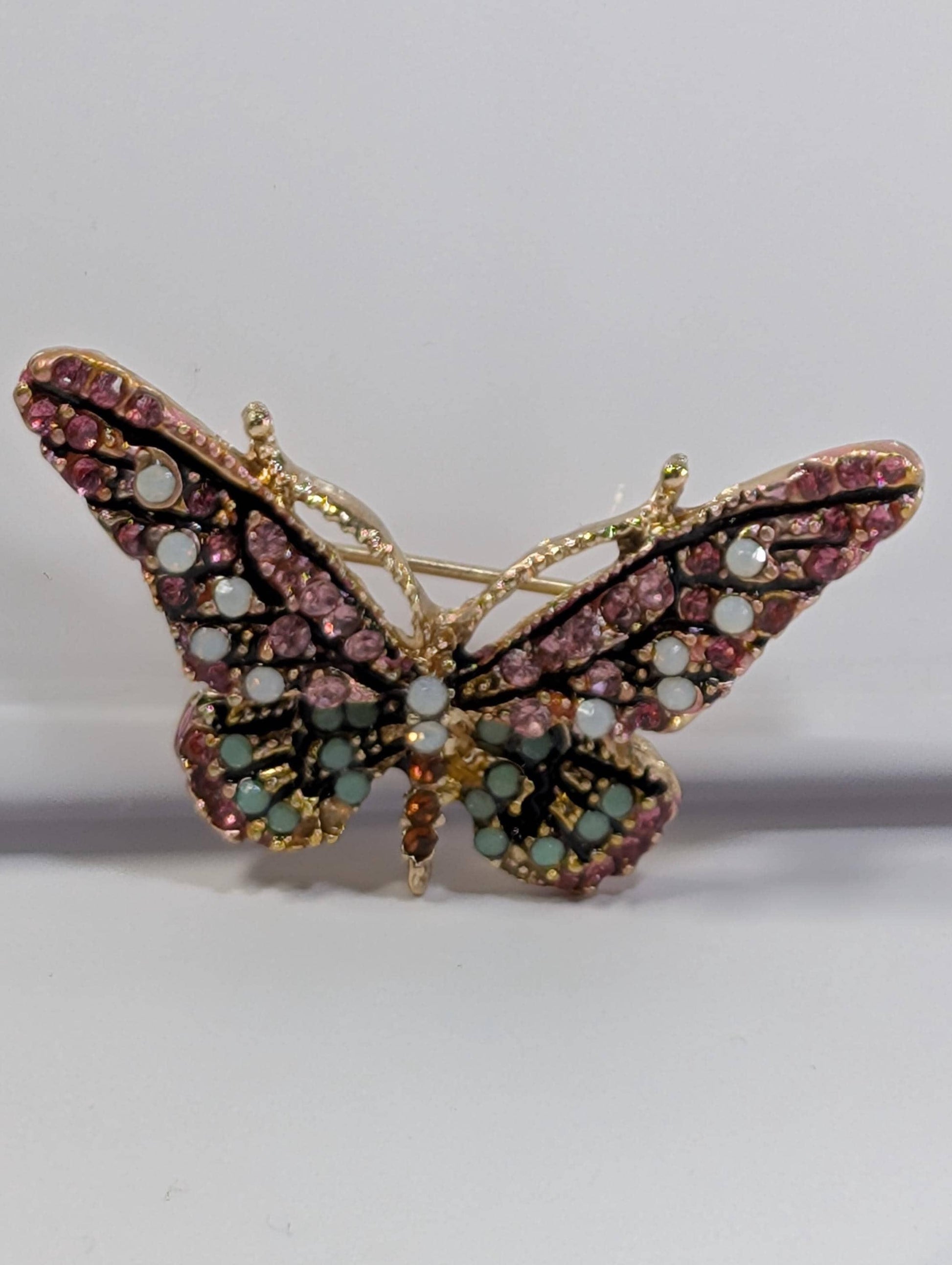 Gold Plated Enamel Brooch Pin: Pink and Mint with Rhinestone Sparkle
