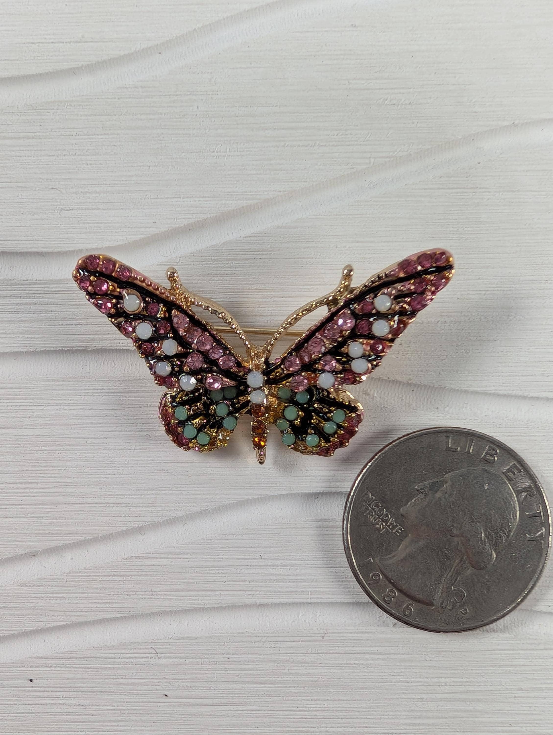 Gold Plated Enamel Brooch Pin: Pink and Mint with Rhinestone Sparkle