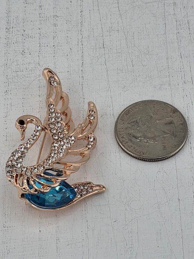 Swan Brooch Pin: Rose Gold Plated with Teal Enamel - Handmade Accessory