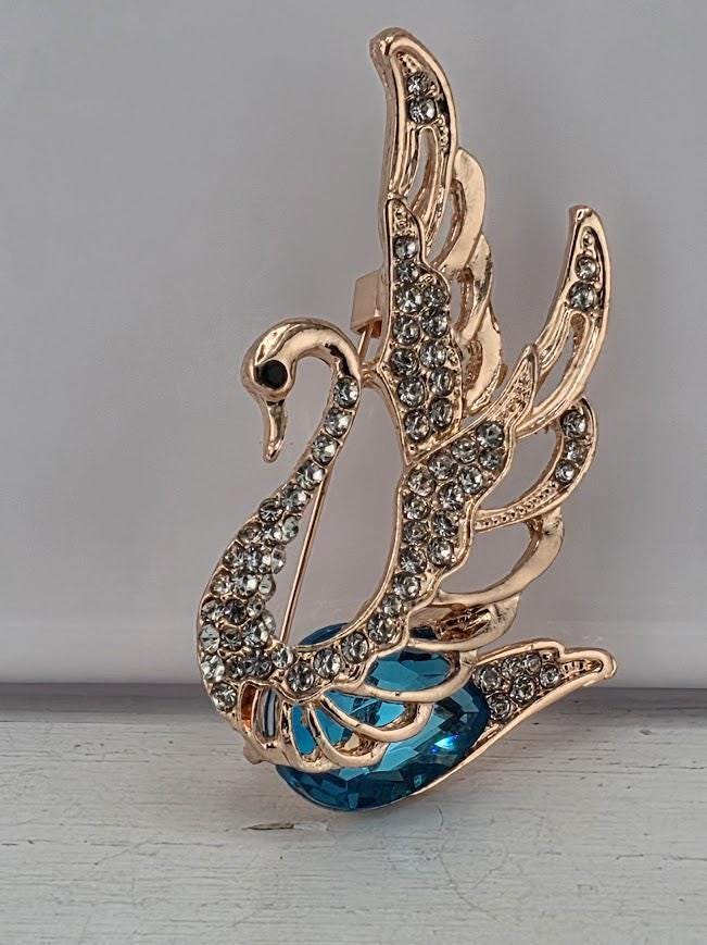 Swan Brooch Pin: Rose Gold Plated with Teal Enamel - Handmade Accessory