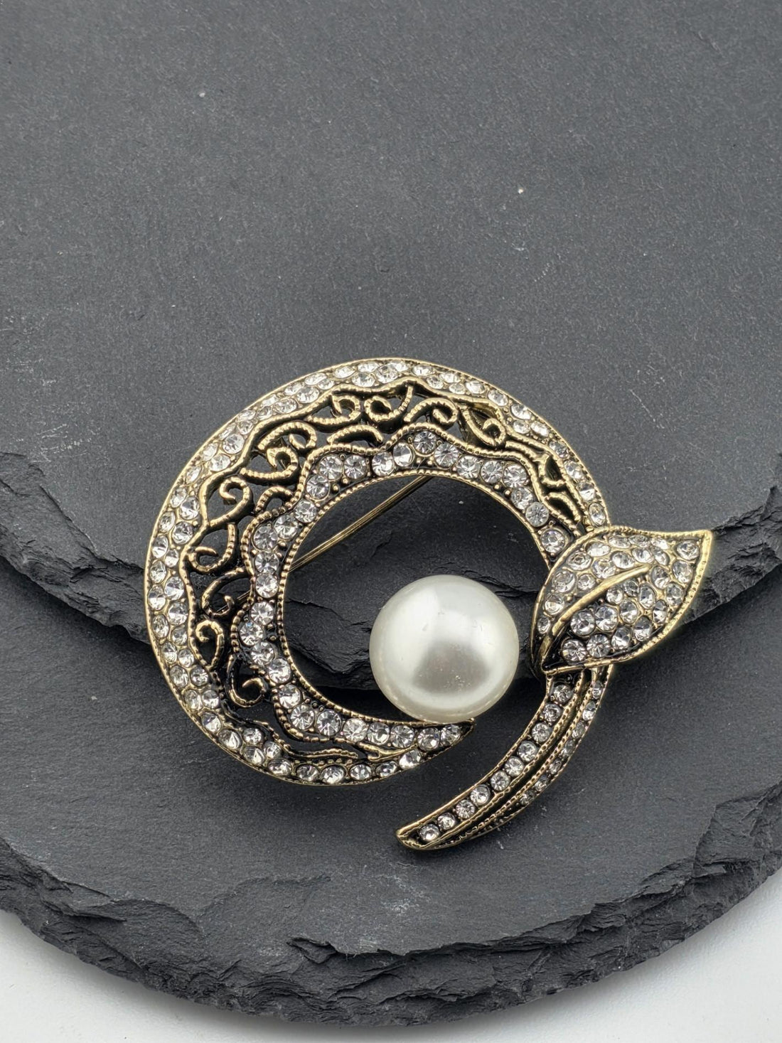 Gold Plated Crescent Pearl Brooch: Delicate Shine, Elegant Pin | Handmade Pin | Jacket Scarf Hat Accessory | Gift Idea