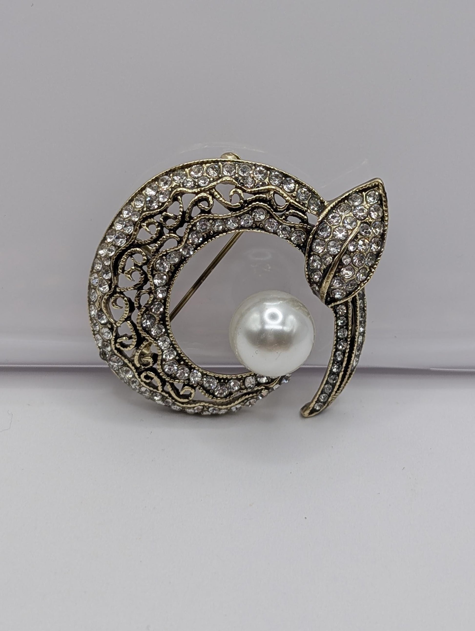 Gold Plated Crescent Pearl Brooch: Delicate Shine, Elegant Pin | Handmade Pin | Jacket Scarf Hat Accessory | Gift Idea