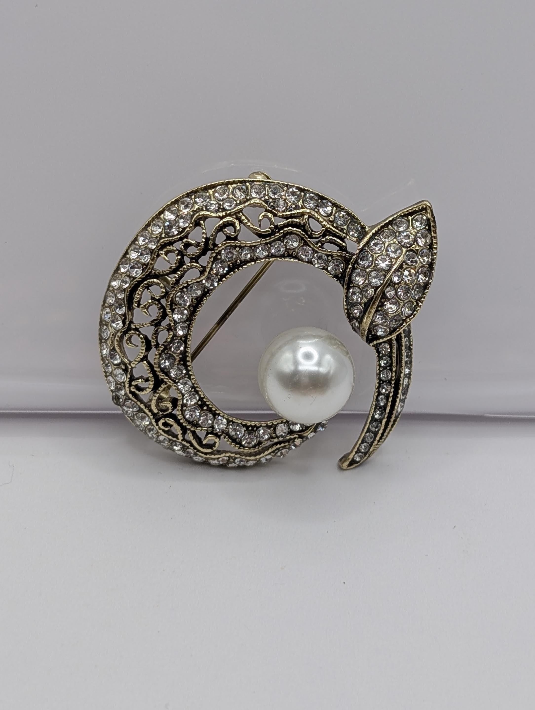 Gold Plated Crescent Pearl Brooch: Delicate Shine, Elegant Pin | Handmade Pin | Jacket Scarf Hat Accessory | Gift Idea