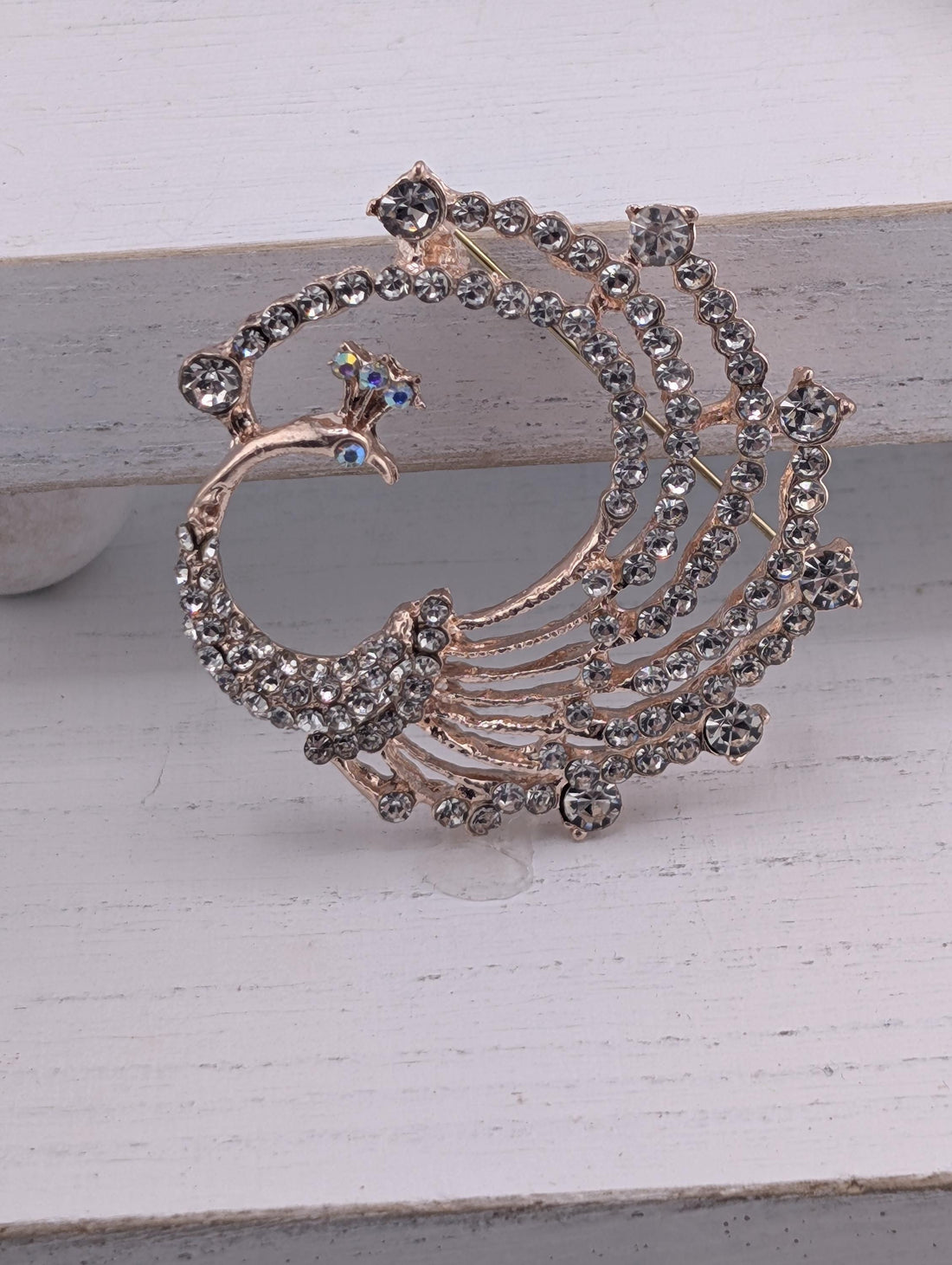 Peacock Brooch Pin - Rose Gold Plated with Rhinestones