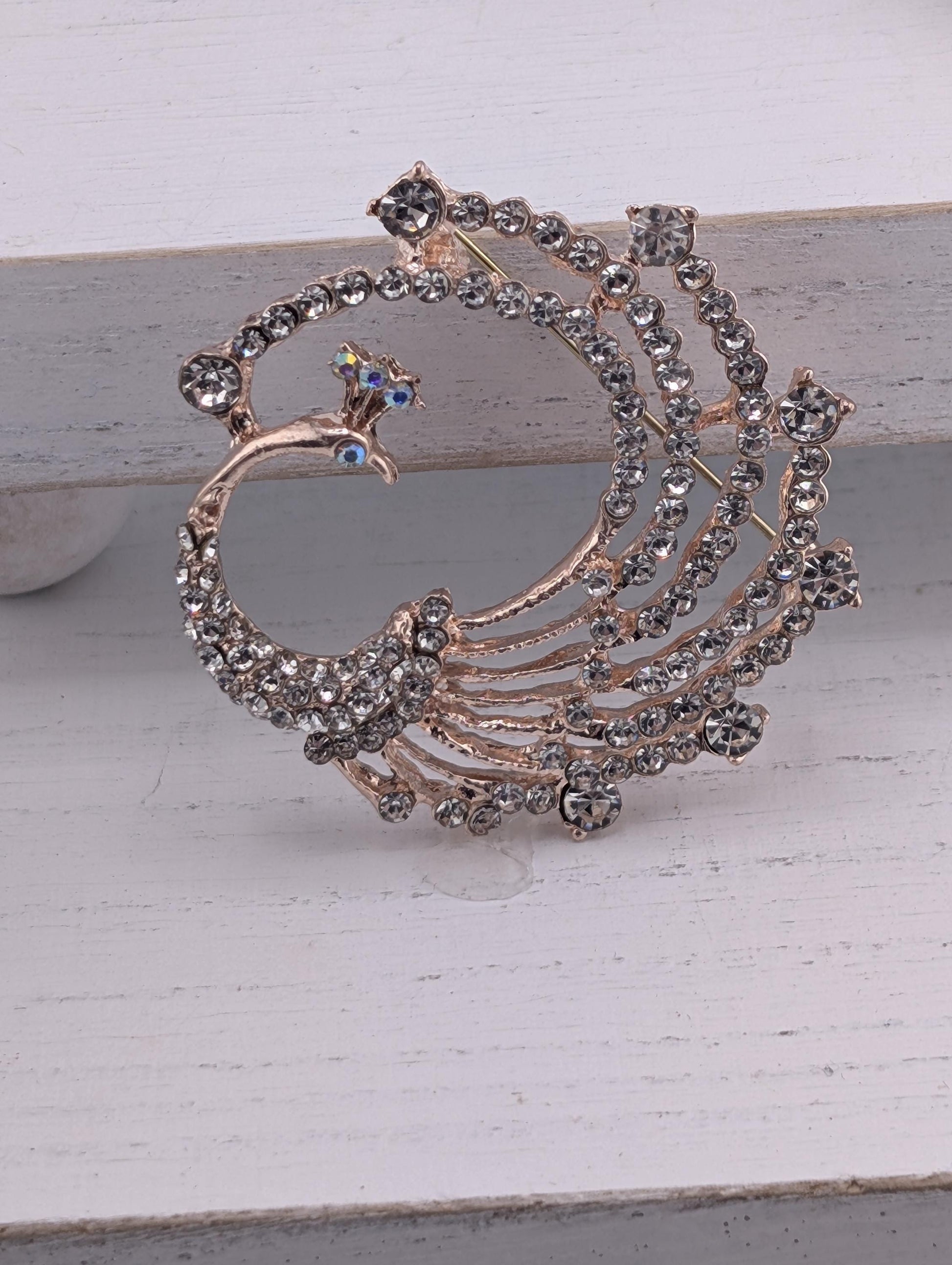 Peacock Brooch Pin - Rose Gold Plated with Rhinestones