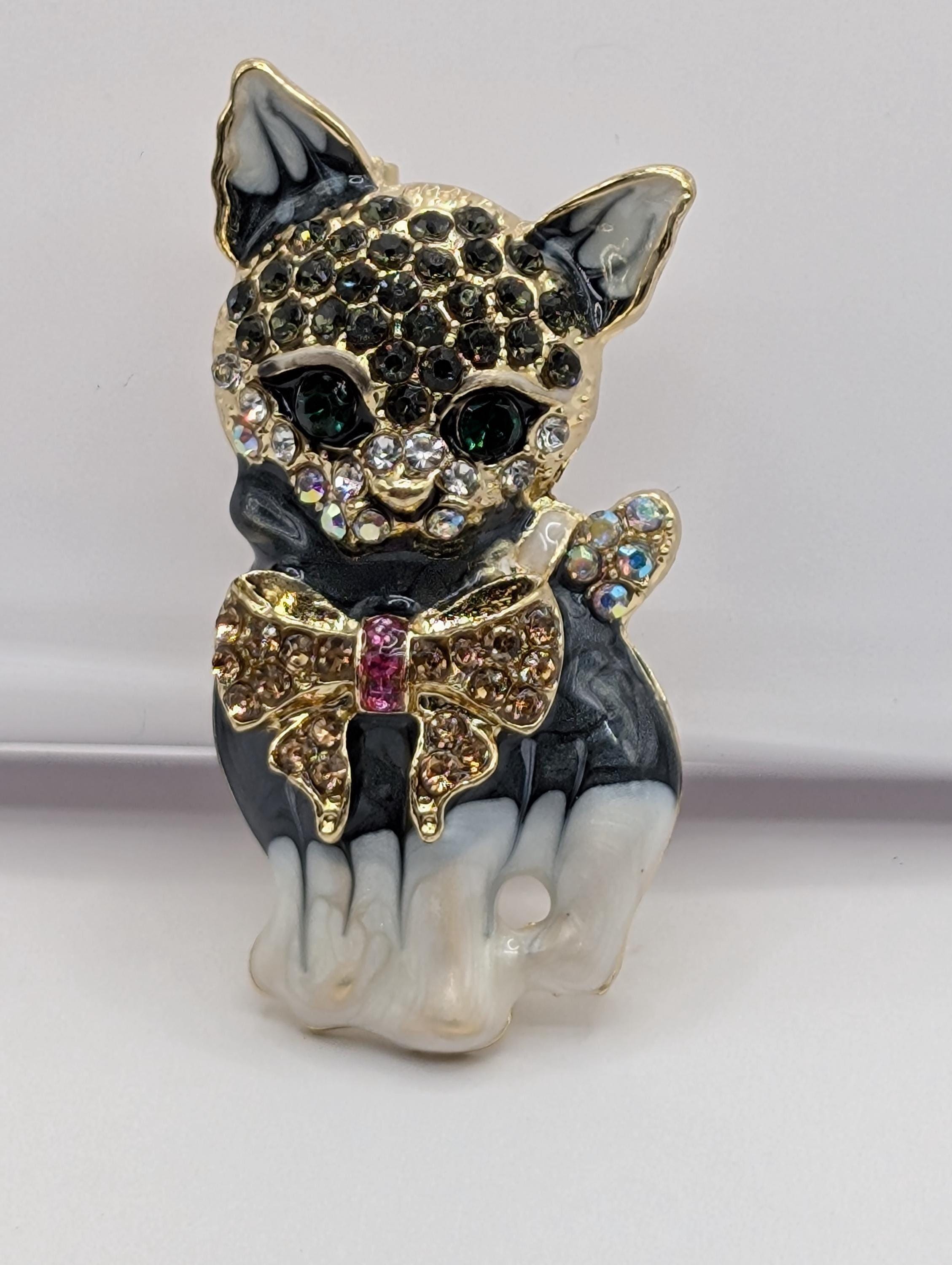 Playful Cat Brooch: Gold Plated Pin with Bowtie and Rhinestone Accent