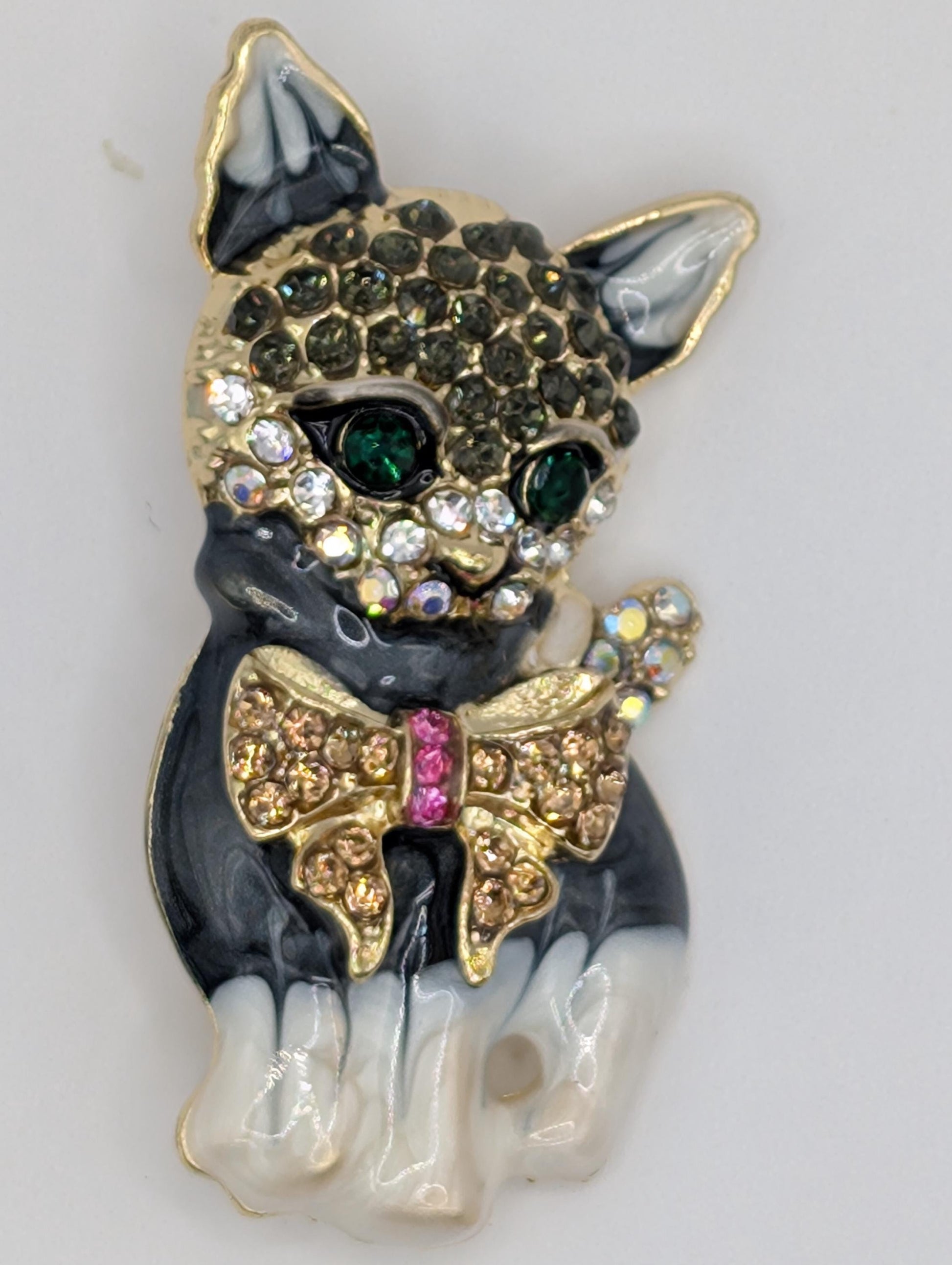 Playful Cat Brooch: Gold Plated Pin with Bowtie and Rhinestone Accent