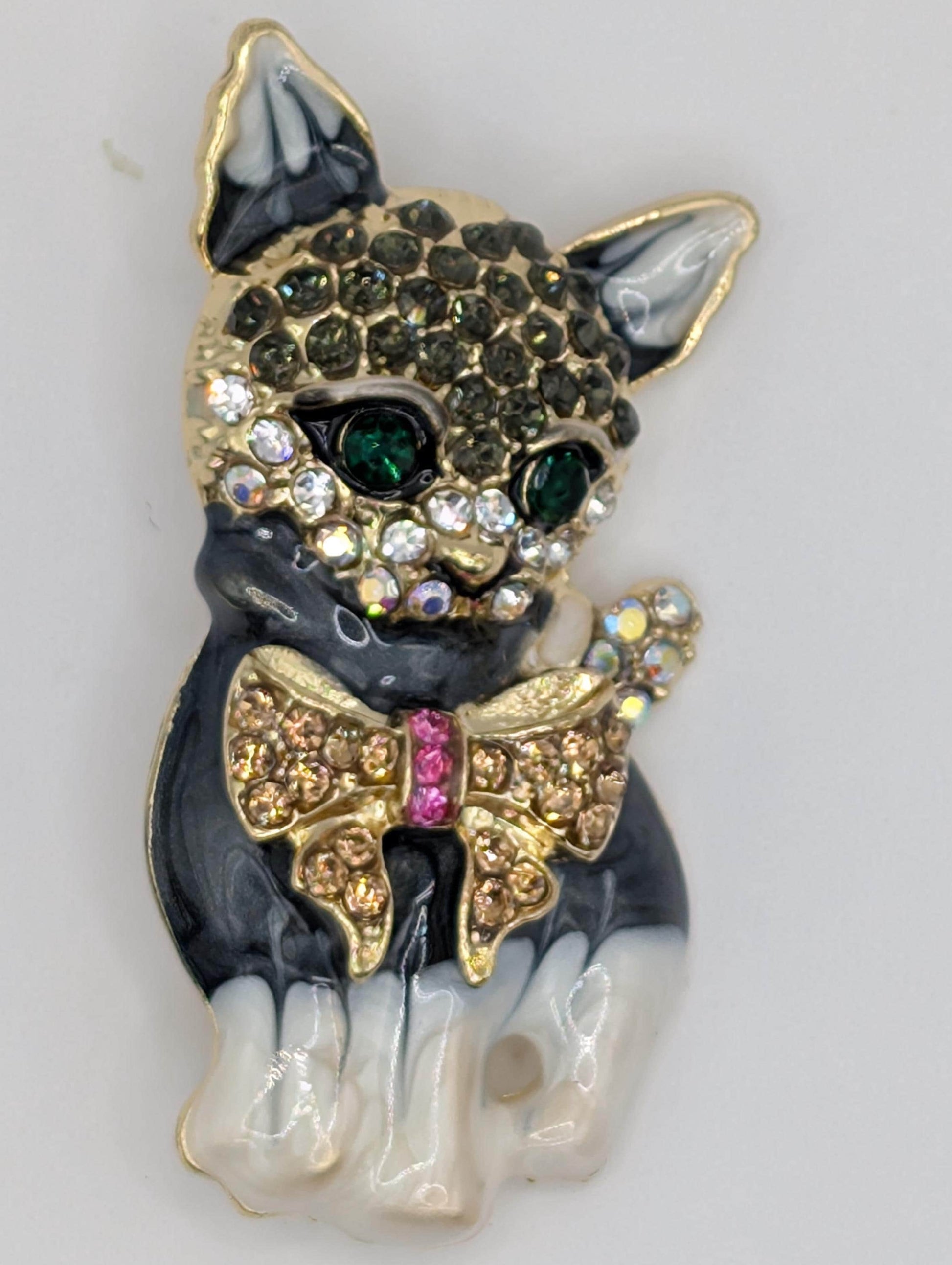 Playful Cat Brooch: Gold Plated Pin with Bowtie and Rhinestone Accent | Handmade Pin | Jacket Scarf Hat Accessory | Gift Idea