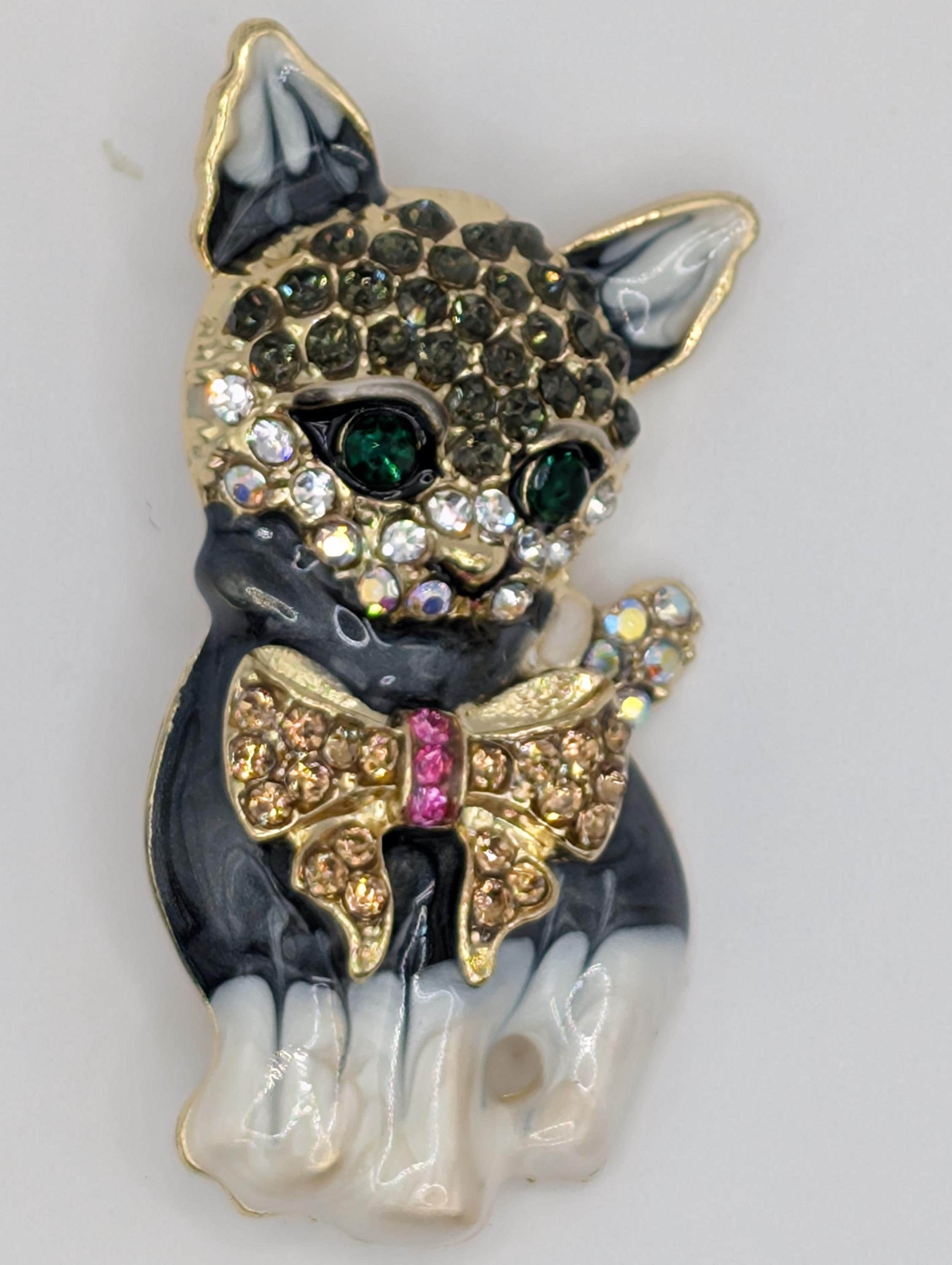 Playful Cat Brooch: Gold Plated Pin with Bowtie and Rhinestone Accent | Handmade Pin | Jacket Scarf Hat Accessory | Gift Idea
