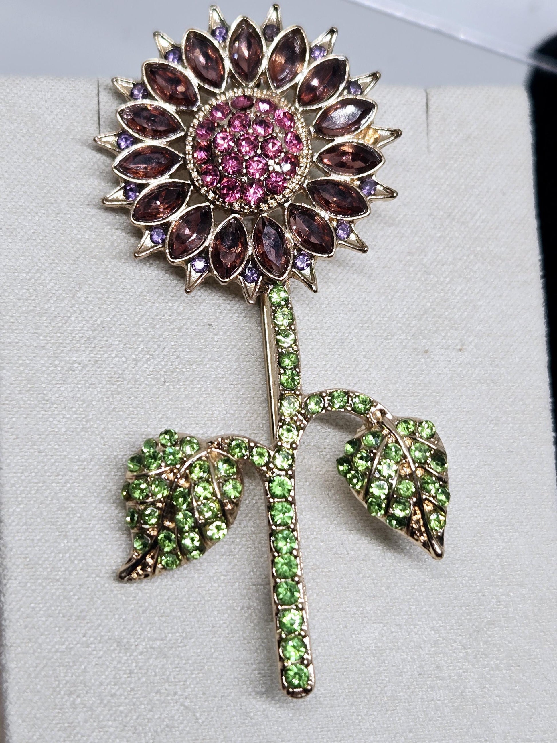 Sunflower Brooch Pin: Gold Plated Floral Design (Rhinestone Detail) | Handmade Pin | Jacket Scarf Hat Accessory | Gift Idea