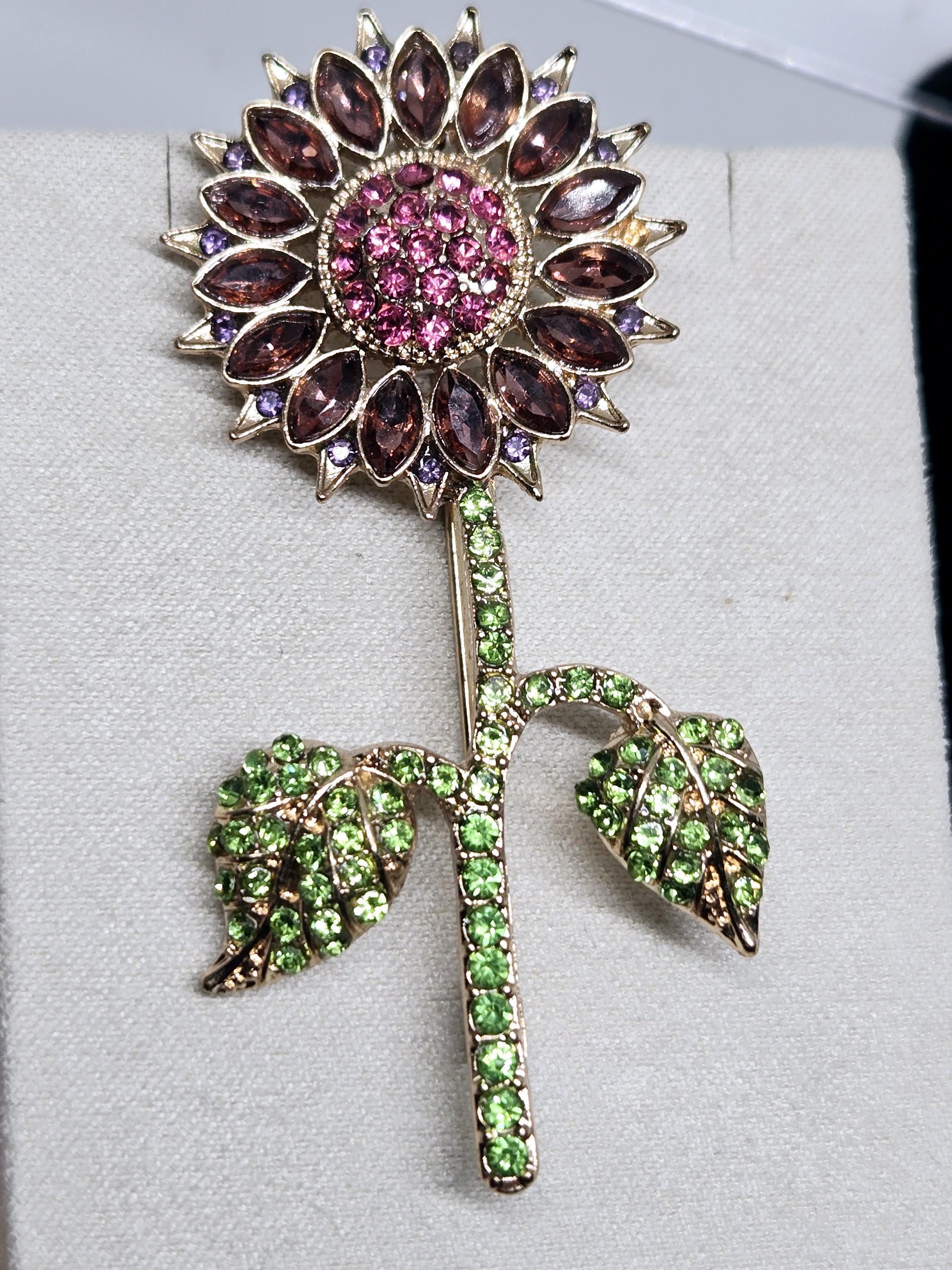 Sunflower Brooch Pin: Gold Plated Floral Design (Rhinestone Detail) | Handmade Pin | Jacket Scarf Hat Accessory | Gift Idea