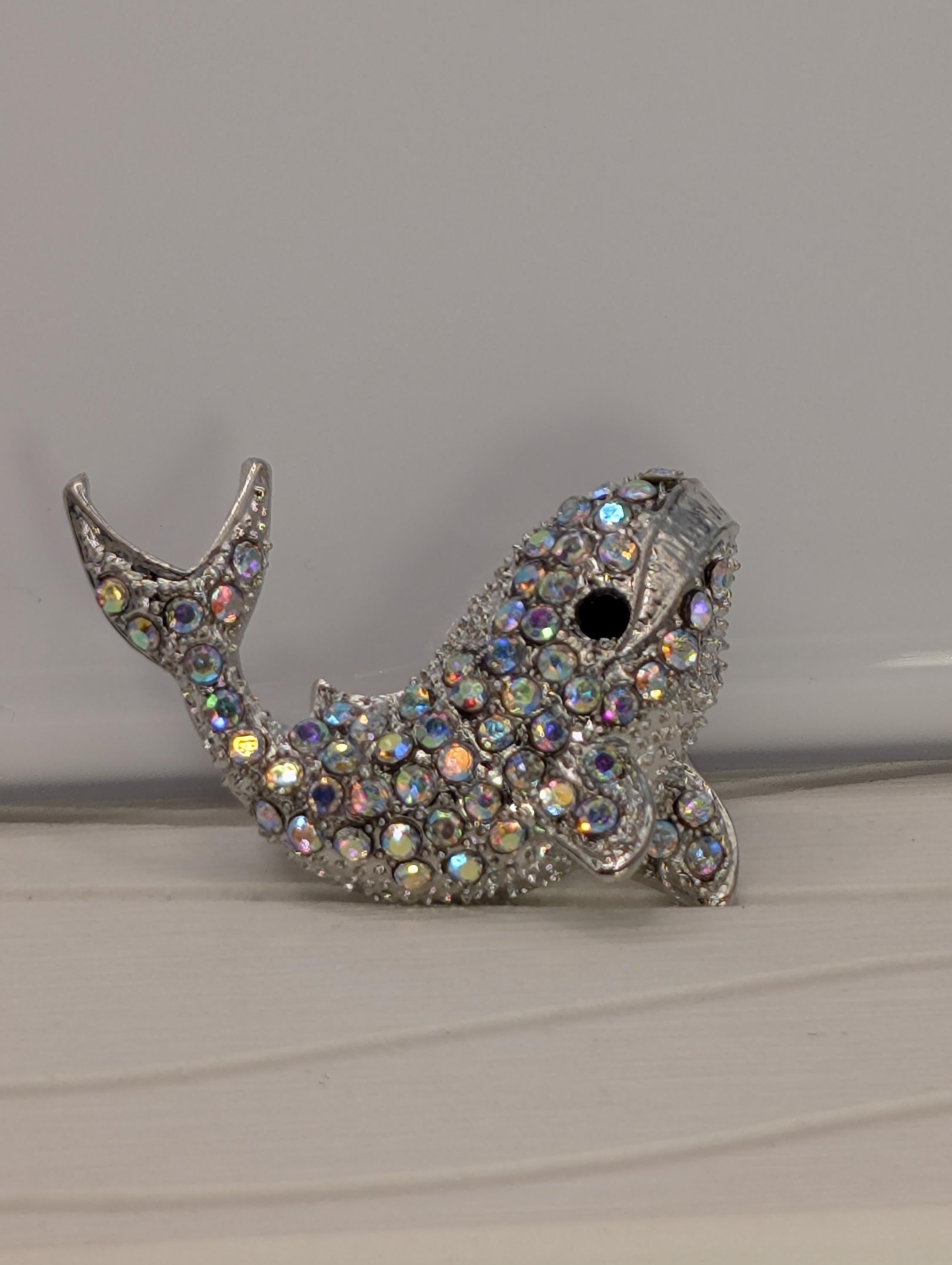 Whale Brooch Pendant: Silver Plated with Rhinestones - Pin or Charm