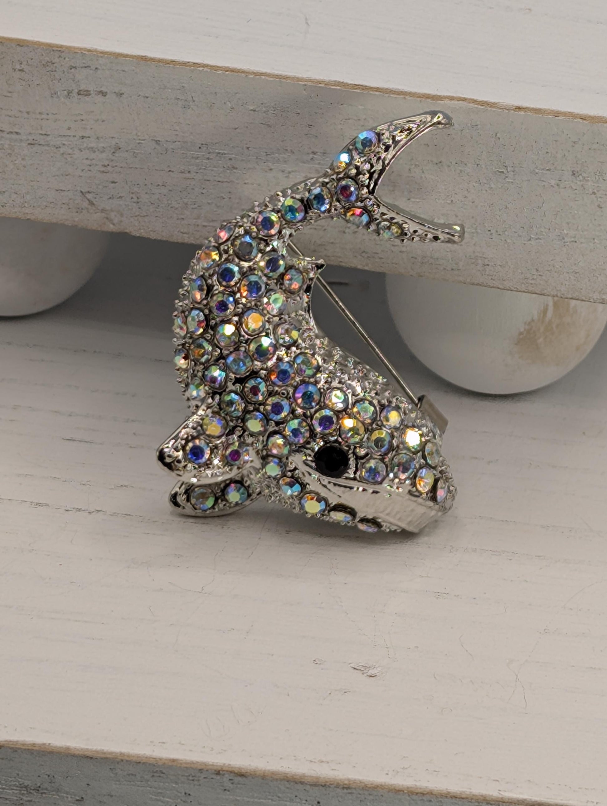 Whale Brooch Pendant: Silver Plated with Rhinestones - Pin or Charm