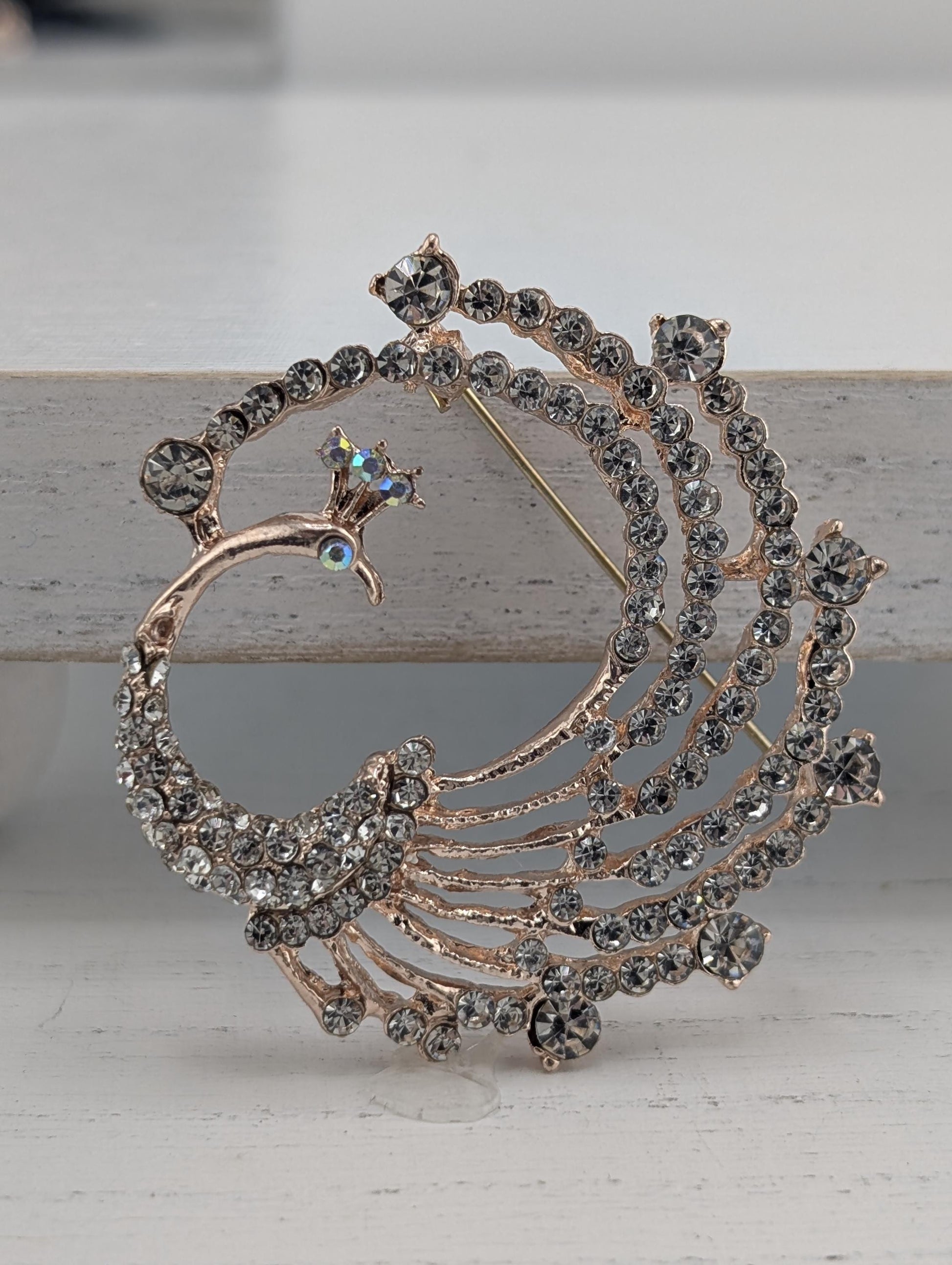 Peacock Brooch Pin - Rose Gold Plated with Rhinestones
