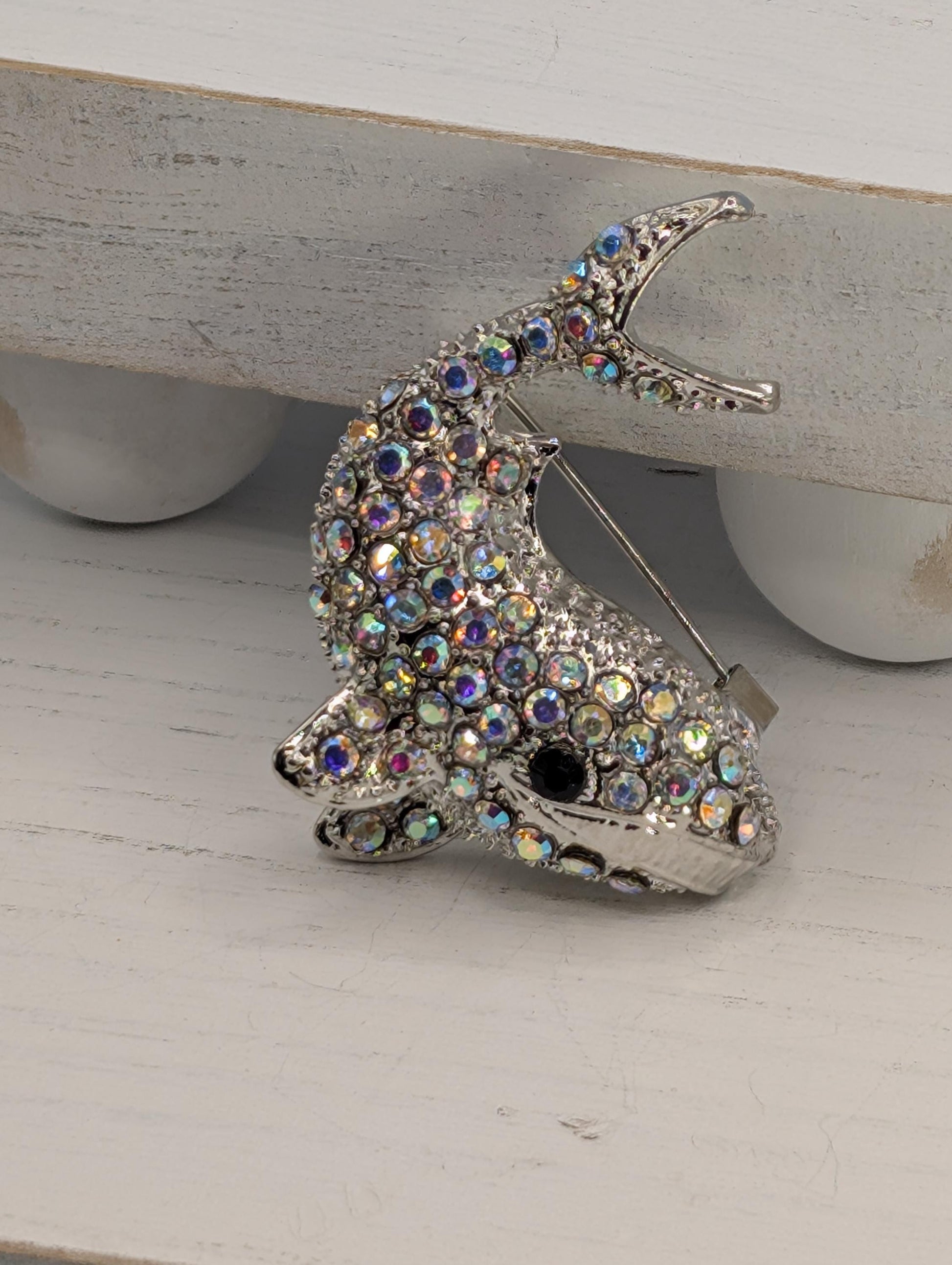 Whale Brooch Pendant: Silver Plated with Rhinestones - Pin or Charm