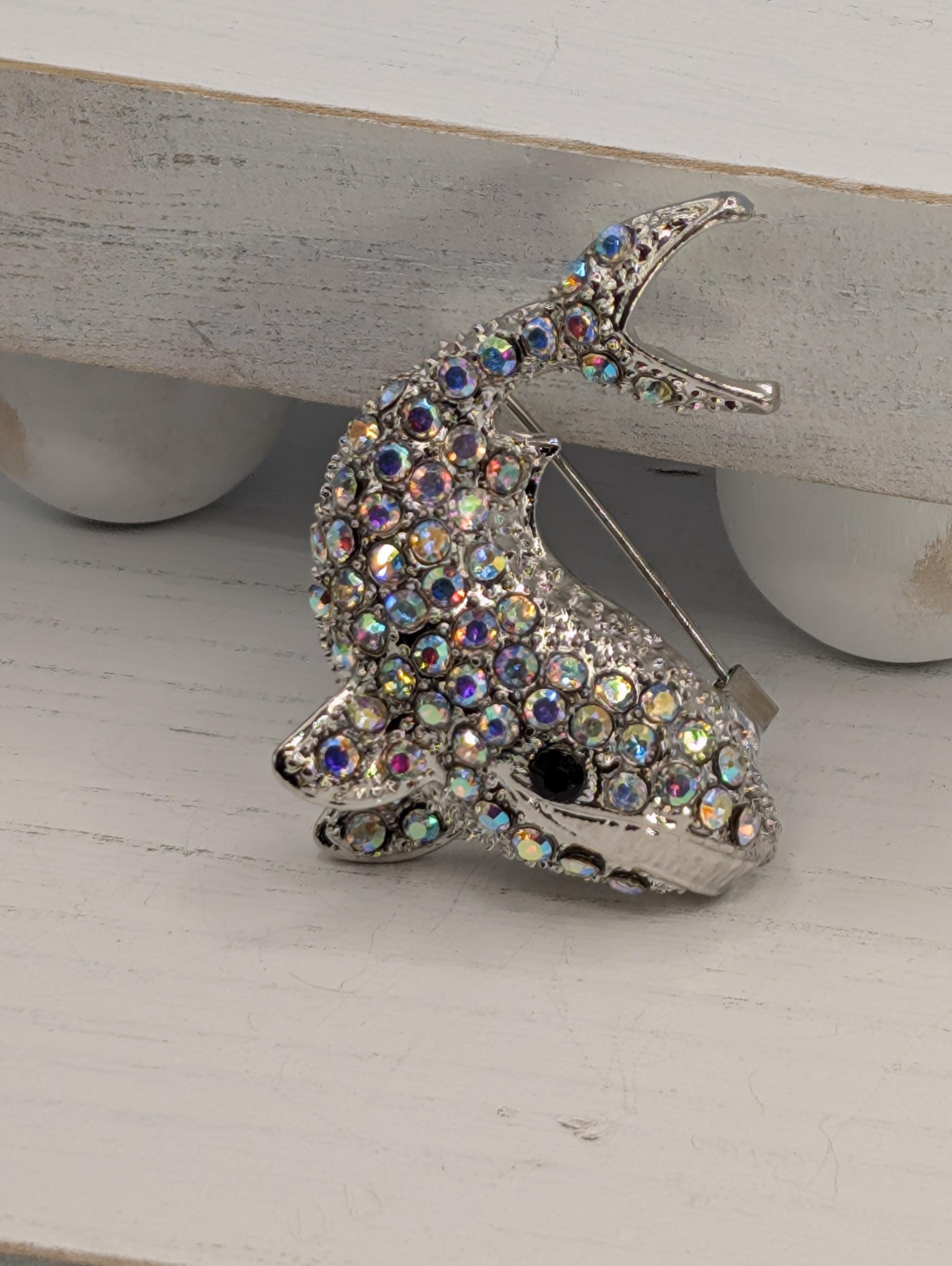 Whale Brooch Pendant: Silver Plated with Rhinestones - Pin or Charm