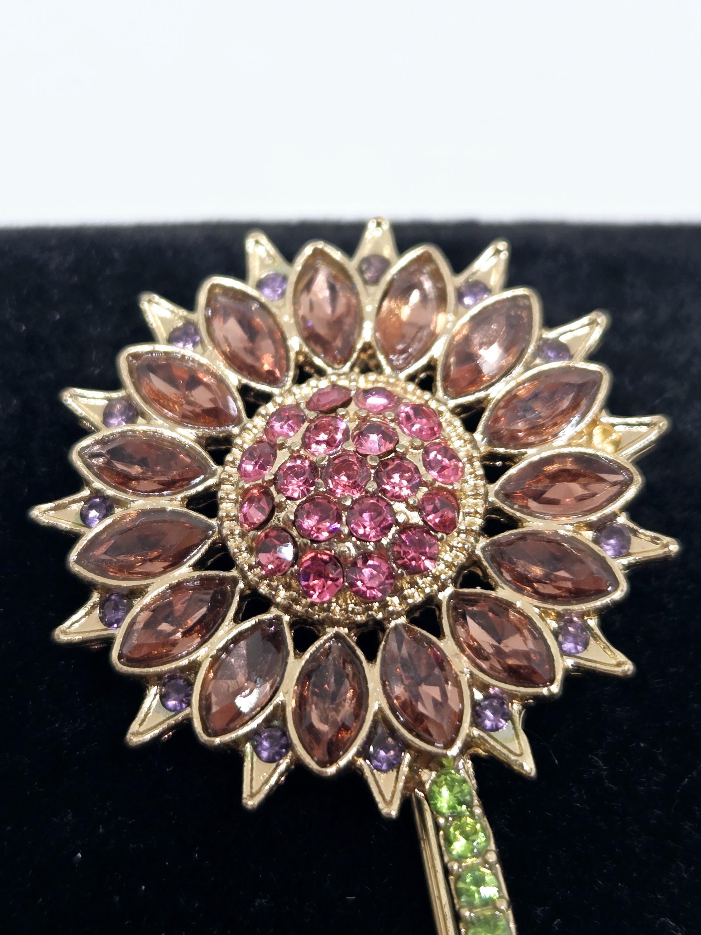 Sunflower Brooch Pin: Gold Plated Floral Design (Rhinestone Detail) | Handmade Pin | Jacket Scarf Hat Accessory | Gift Idea