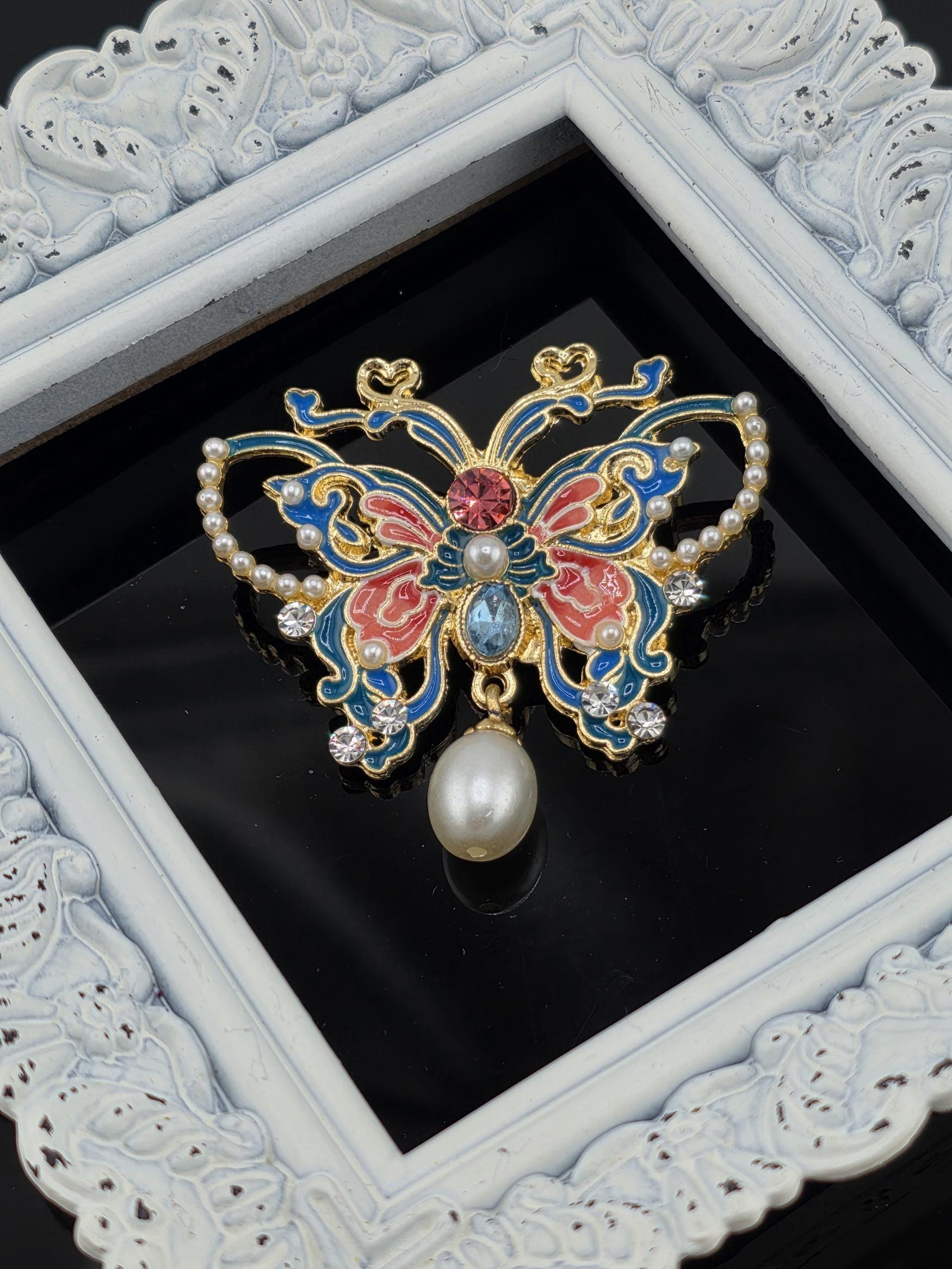 Gold Plated Butterfly Brooch Pin - Pearl Accent, Vintage Style | Handmade Pin | Jacket Scarf Hat Accessory | Gift Idea