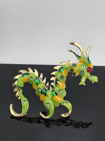 Gold Plated Dragon Brooch Pin - Rhinestone Detail, Symbolic Jewelry