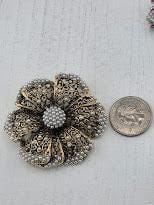 Flower Brooch Pin: Vintage Brass Plated with Pearls and Rhinestones (2")