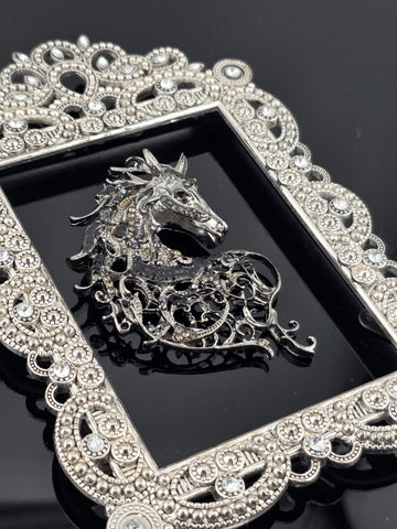 Gunmetal Horse Pendant - Black Rhinestone Accent Charm | Handmade Pin | Jacket Scarf Hat Accessory | Gift Idea
