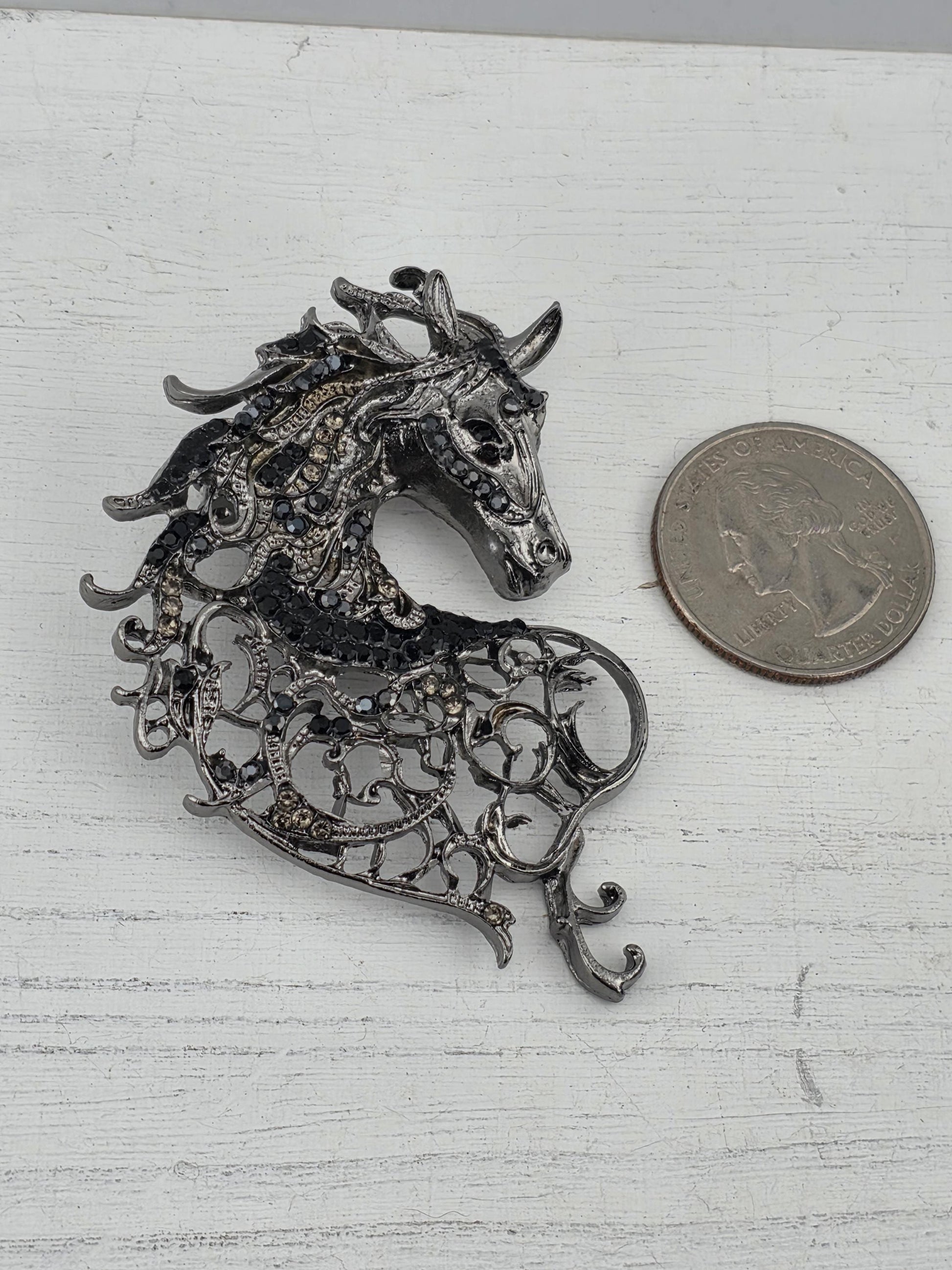 Gunmetal Horse Pendant - Black Rhinestone Accent Charm | Handmade Pin | Jacket Scarf Hat Accessory | Gift Idea