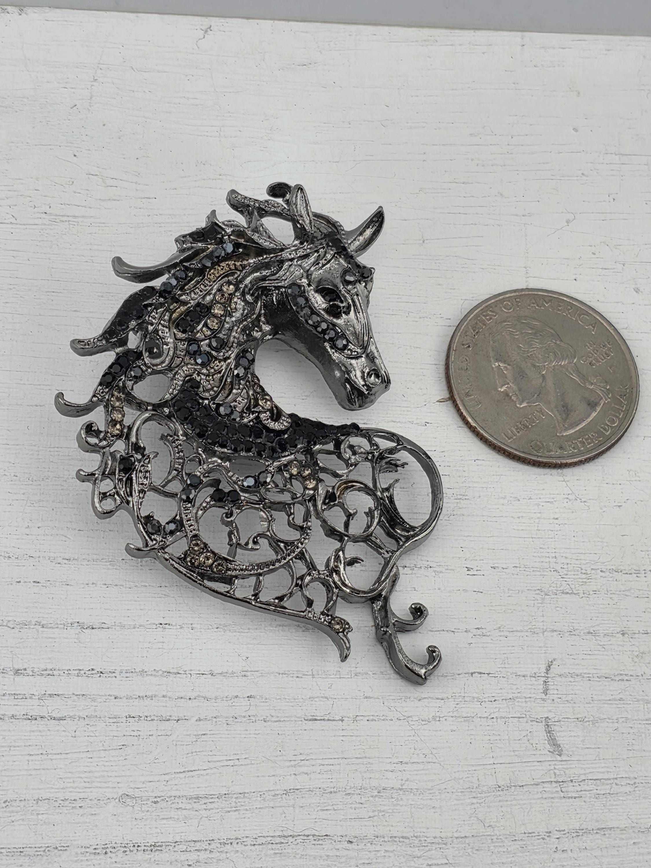 Gunmetal Horse Pendant - Black Rhinestone Accent Charm | Handmade Pin | Jacket Scarf Hat Accessory | Gift Idea