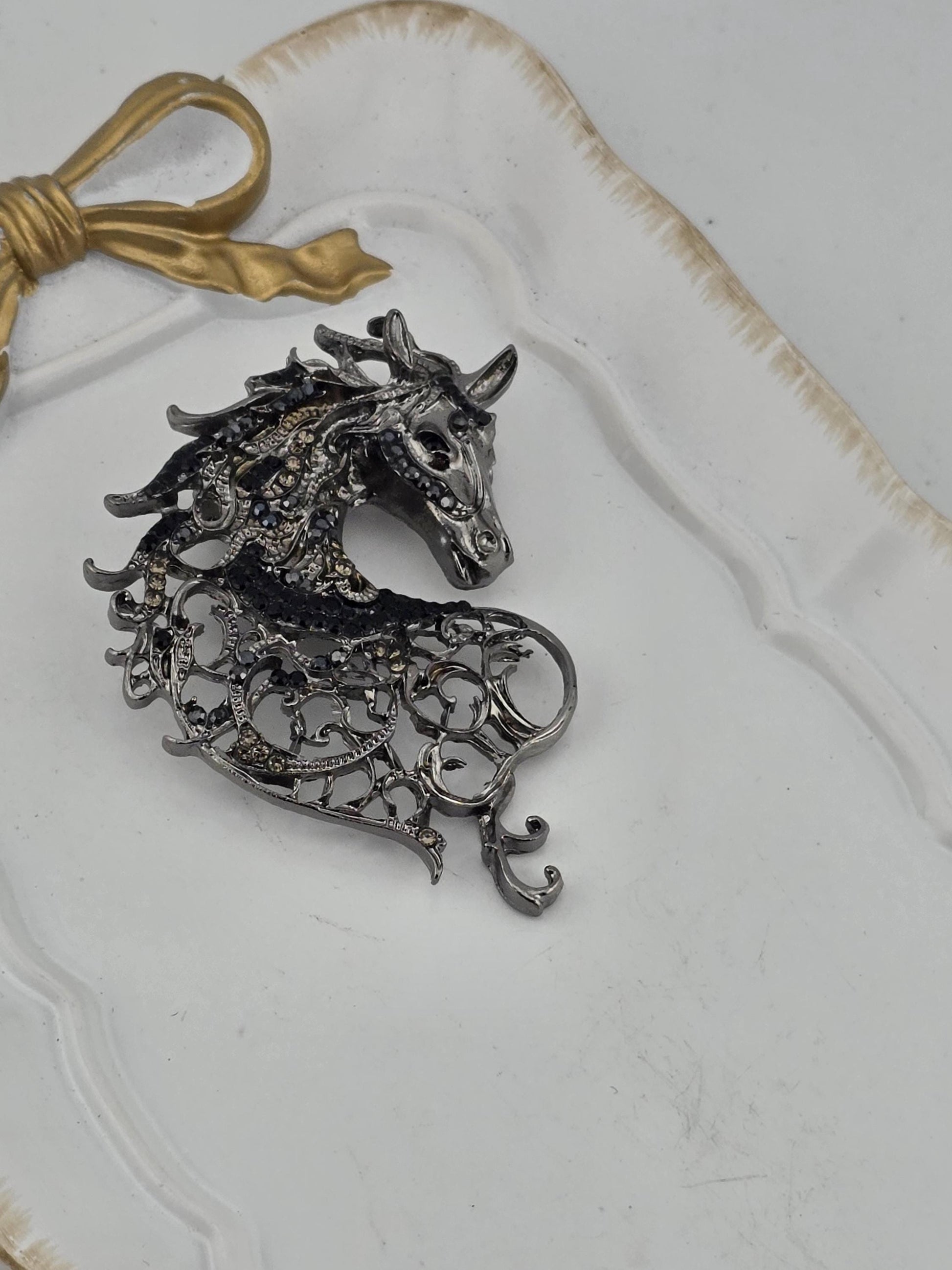 Gunmetal Horse Pendant - Black Rhinestone Accent Charm | Handmade Pin | Jacket Scarf Hat Accessory | Gift Idea