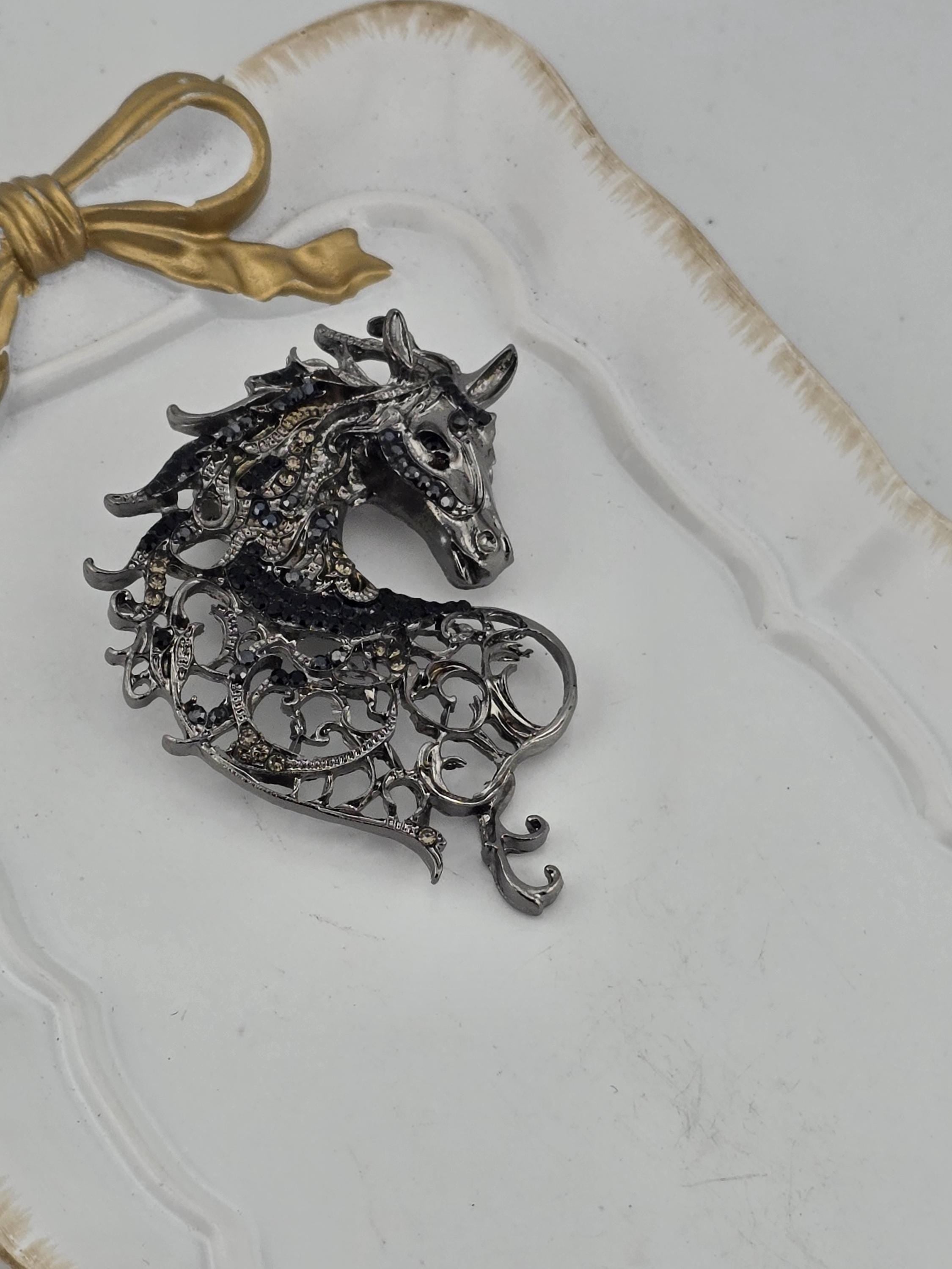 Gunmetal Horse Pendant - Black Rhinestone Accent Charm | Handmade Pin | Jacket Scarf Hat Accessory | Gift Idea