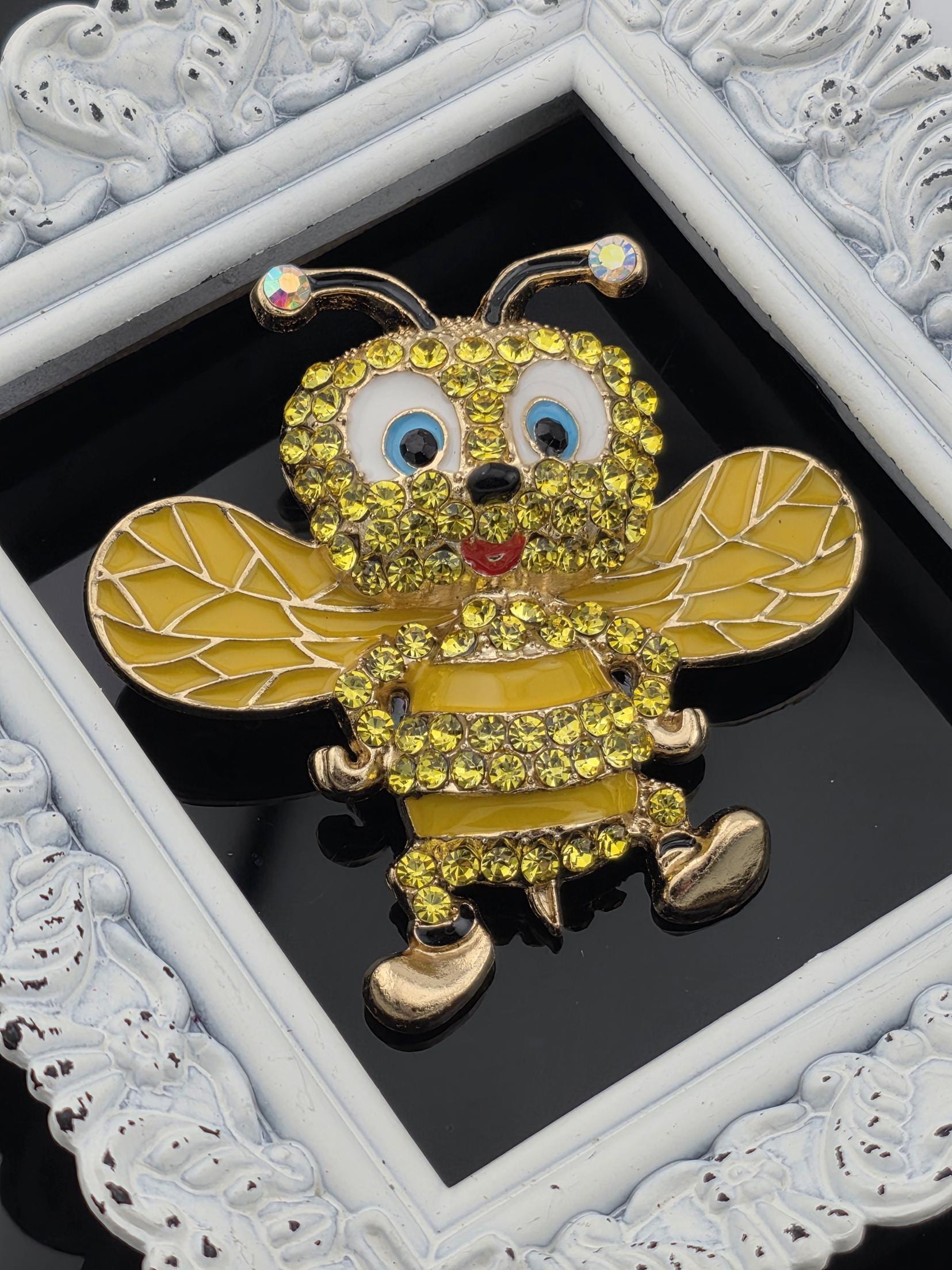 Bumble Bee Brooch Pin - Gold Plated with Bright Yellow Rhinestones | Handmade Pin | Jacket Scarf Hat Accessory | Gift Idea