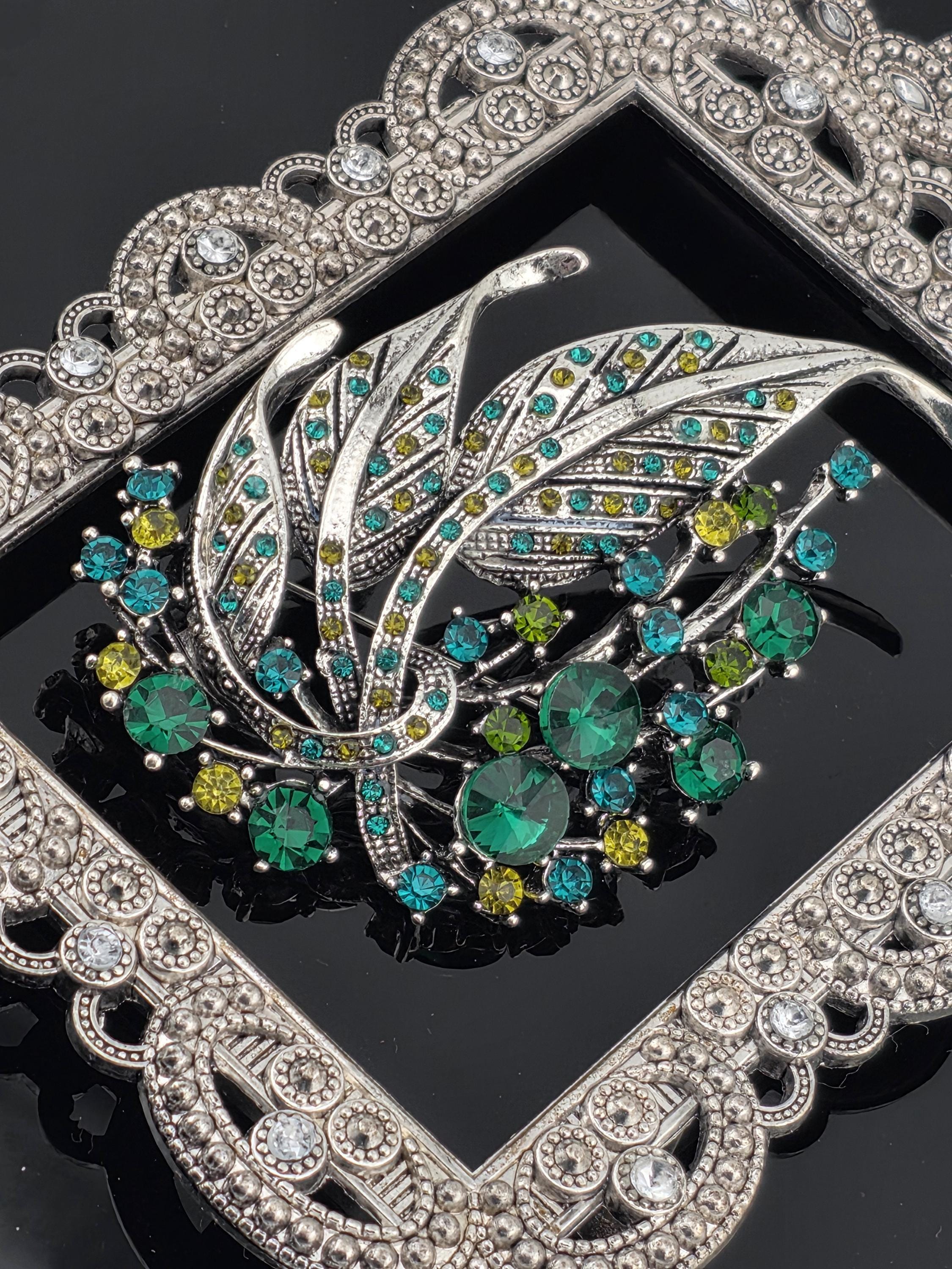 Silver Plated Feather Brooch: Blue Topaz and Emerald Rhinestone Pin