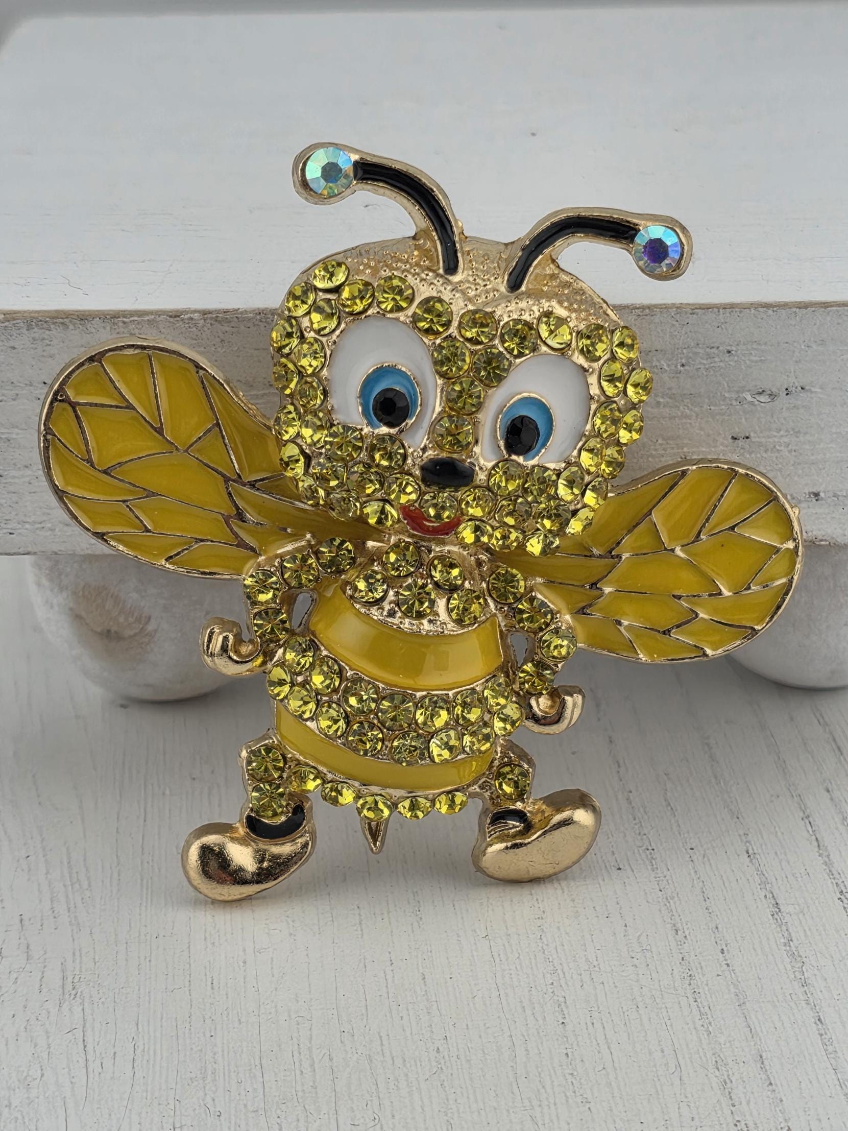 Bumble Bee Brooch Pin - Gold Plated with Bright Yellow Rhinestones | Handmade Pin | Jacket Scarf Hat Accessory | Gift Idea