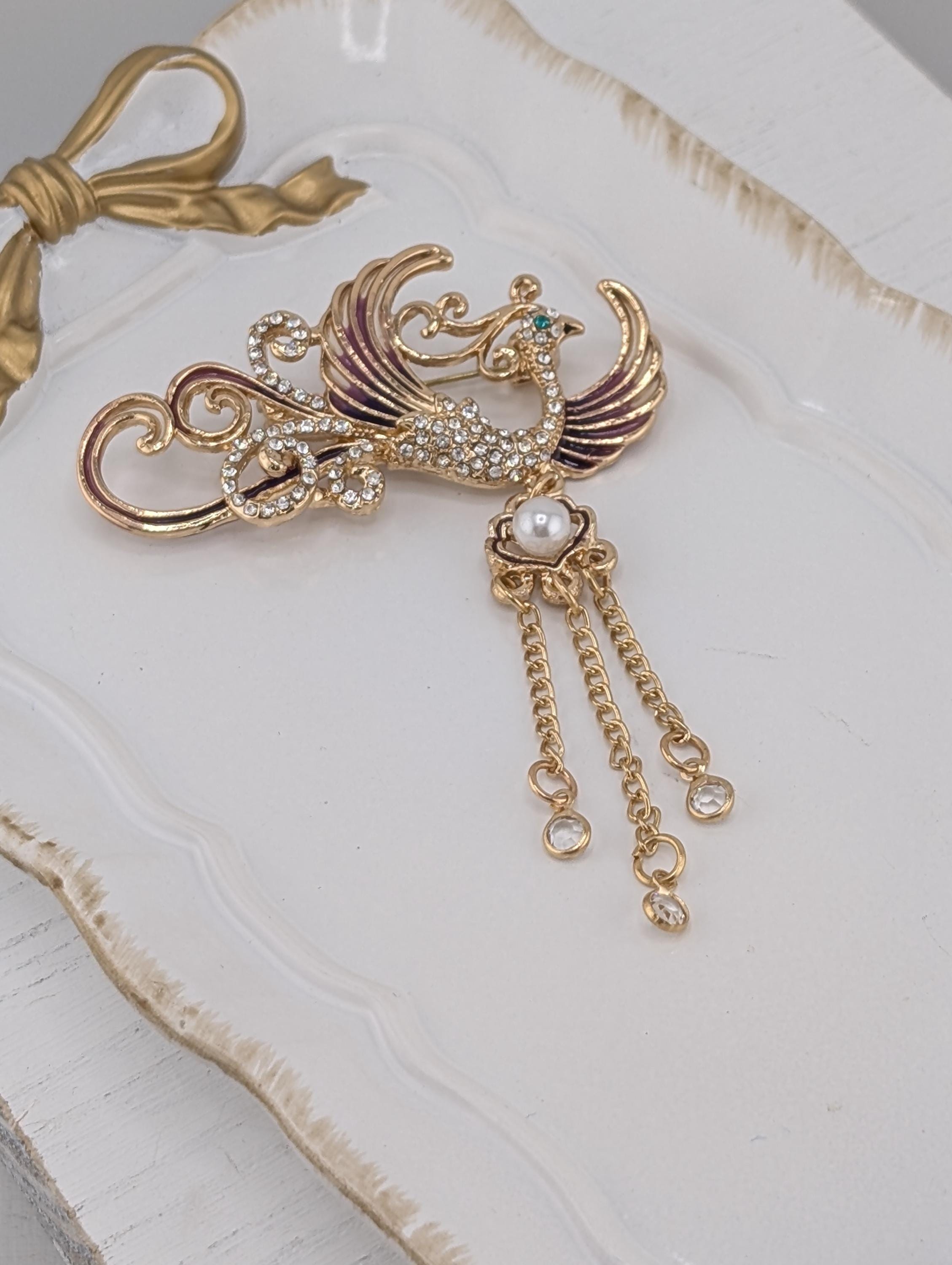 Gold Plated Phoenix Brooch: Yellow Enamel Pin, 1.5 Inch