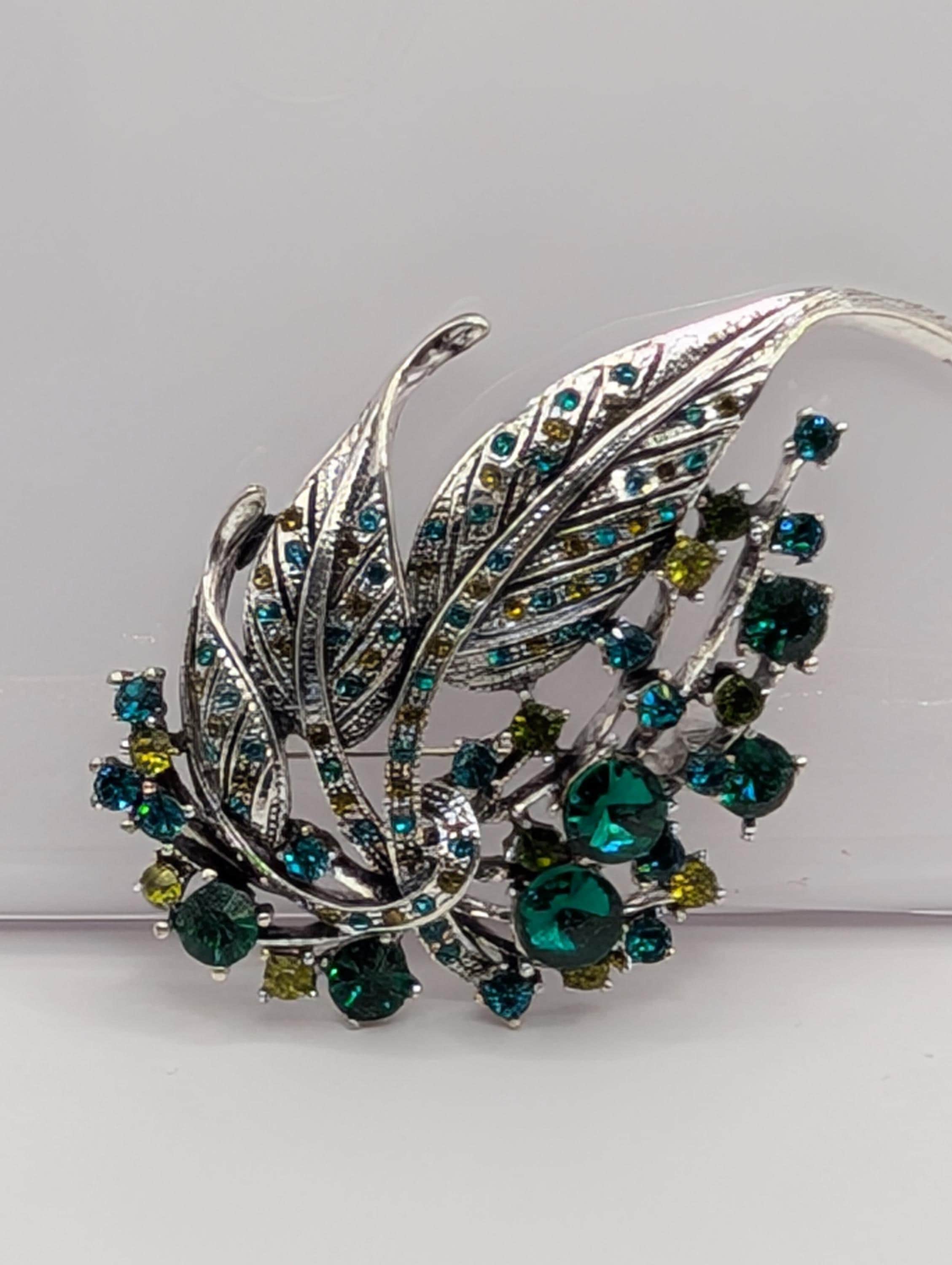 Silver Plated Feather Brooch: Blue Topaz and Emerald Rhinestone Pin | Handmade Pin | Jacket Scarf Hat Accessory | Gift Idea