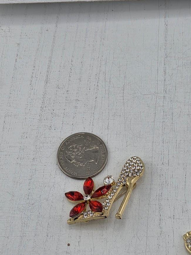 Gold Plated High Heel Brooch - Red Rhinestone Pin, Compact Size