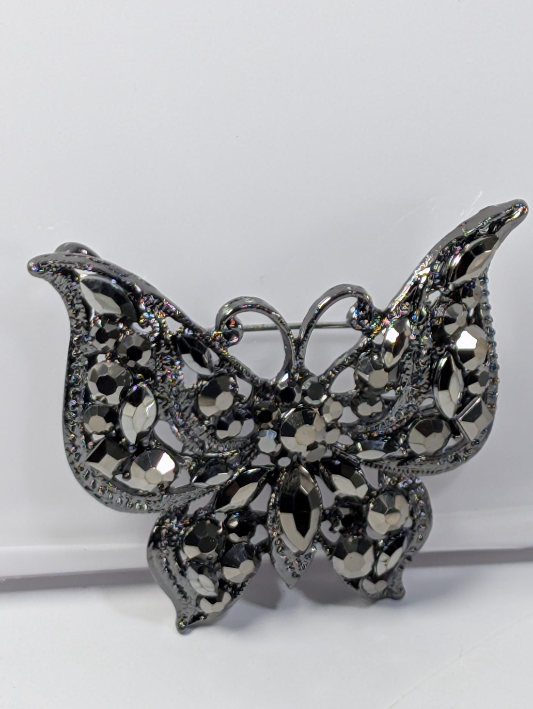 Gunmetal Plated Butterfly Brooch - Rhinestone Accent, Lightweight Pin