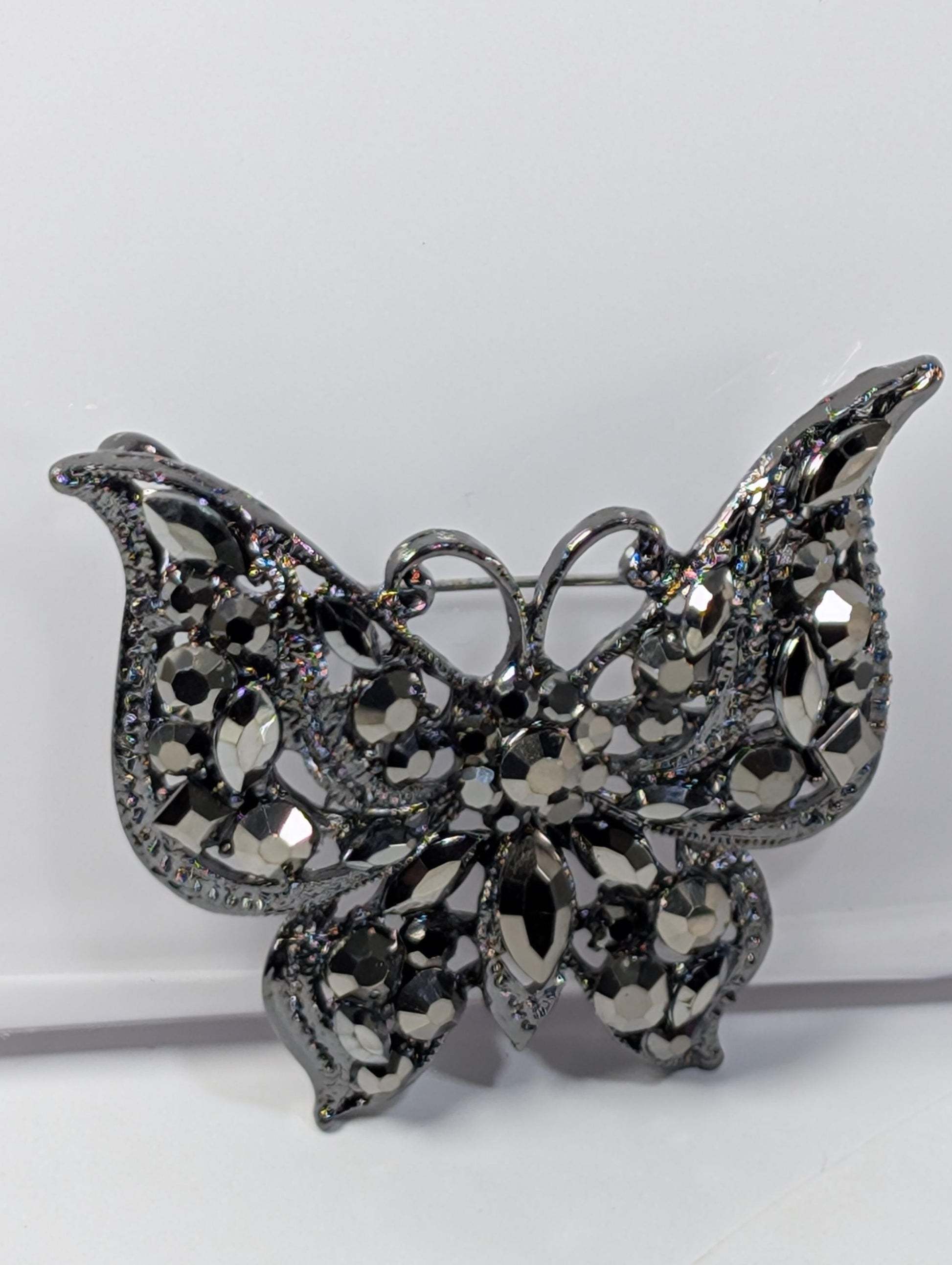 Gunmetal Plated Butterfly Brooch - Rhinestone Accent, Lightweight Pin