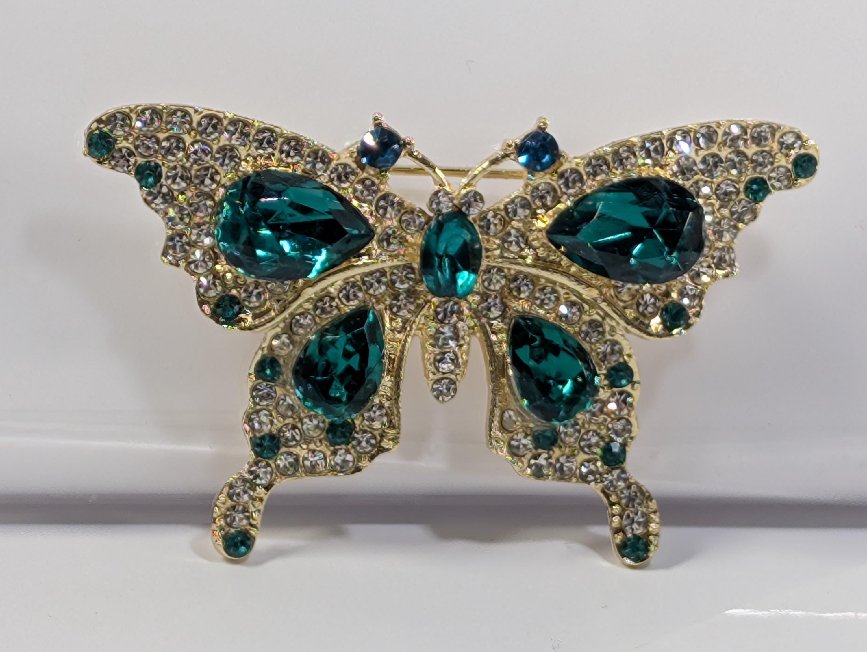 Butterfly Brooch, Gold Plated with Emerald Rhinestones (Lightweight Pin)