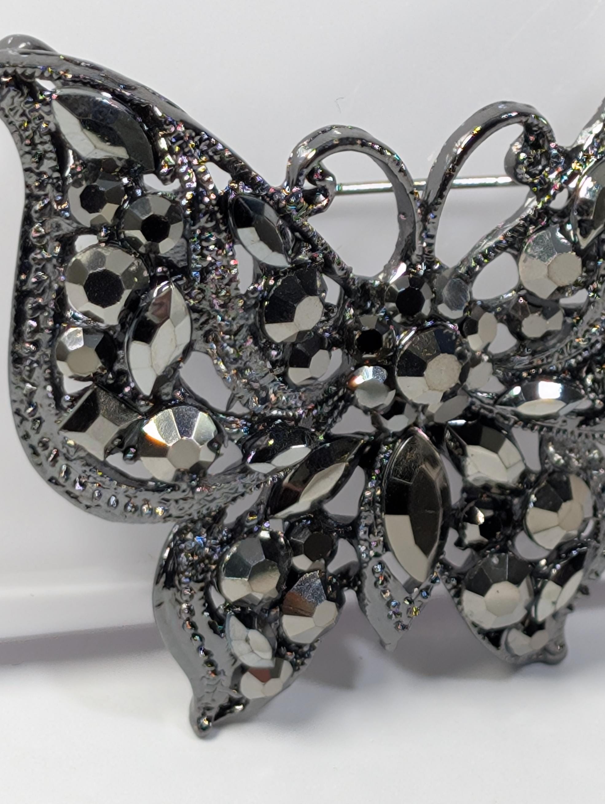 Gunmetal Plated Butterfly Brooch - Rhinestone Accent, Lightweight Pin