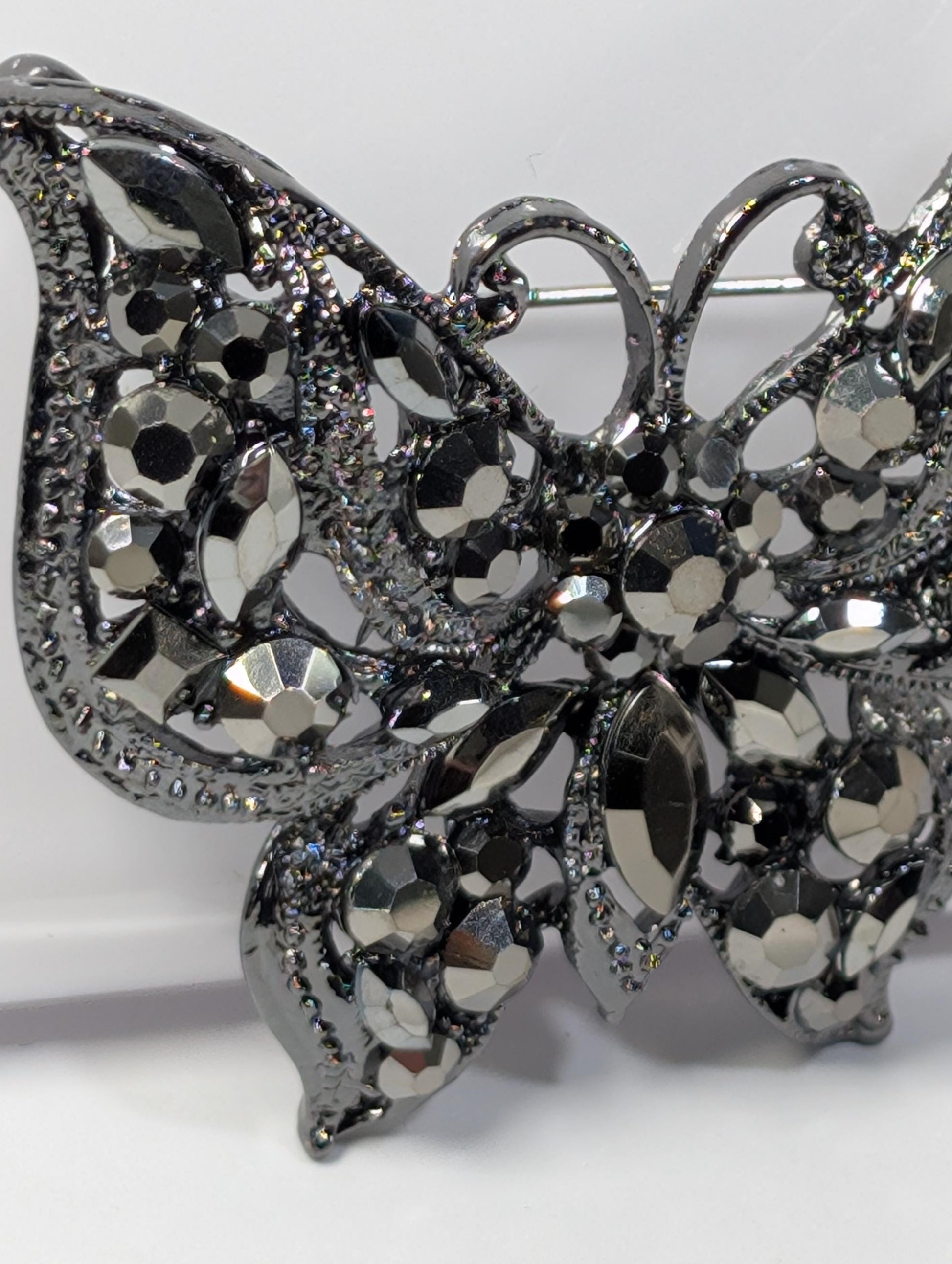 Gunmetal Plated Butterfly Brooch - Rhinestone Accent, Lightweight Pin