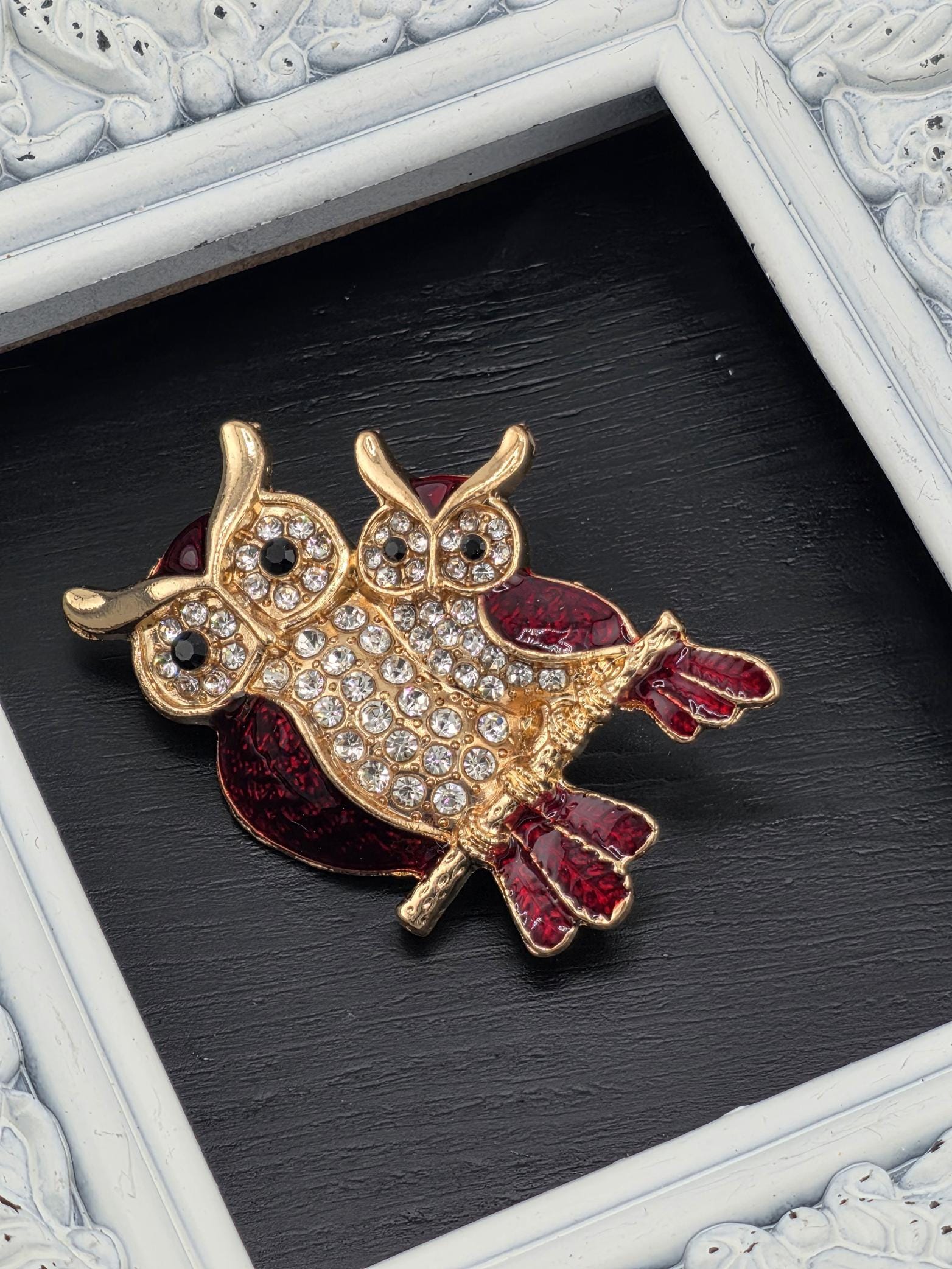 Owl Brooch: Gold Plated with Dark Red Rhinestone - Lightweight Pin