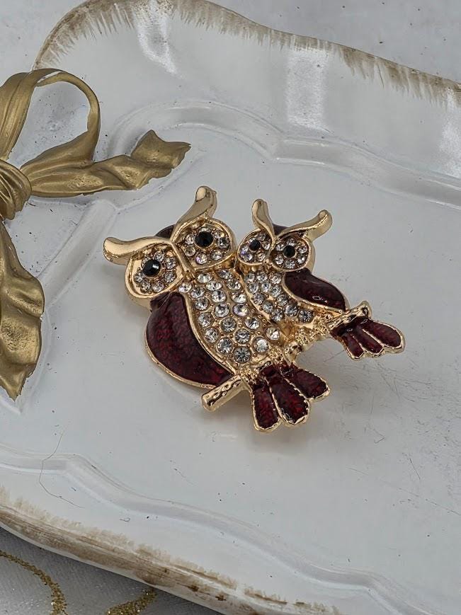 Owl Brooch: Gold Plated with Dark Red Rhinestone - Lightweight Pin