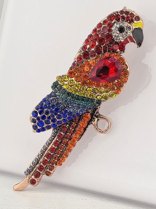 Parrot Brooch Pin: Gold Plated with Red Enamel Rhinestones - Compact Style | Handmade Pin | Jacket Scarf Hat Accessory | Gift Idea