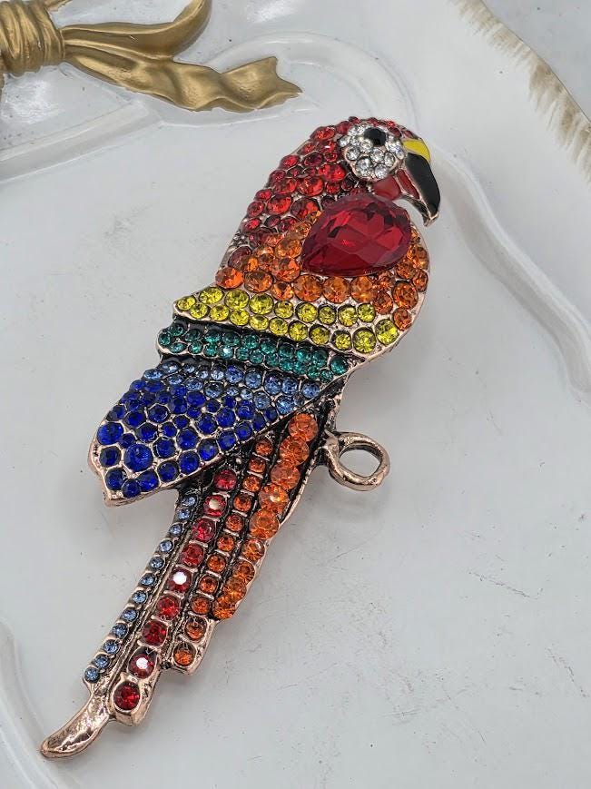 Parrot Brooch Pin: Gold Plated with Red Enamel Rhinestones - Compact Style | Handmade Pin | Jacket Scarf Hat Accessory | Gift Idea