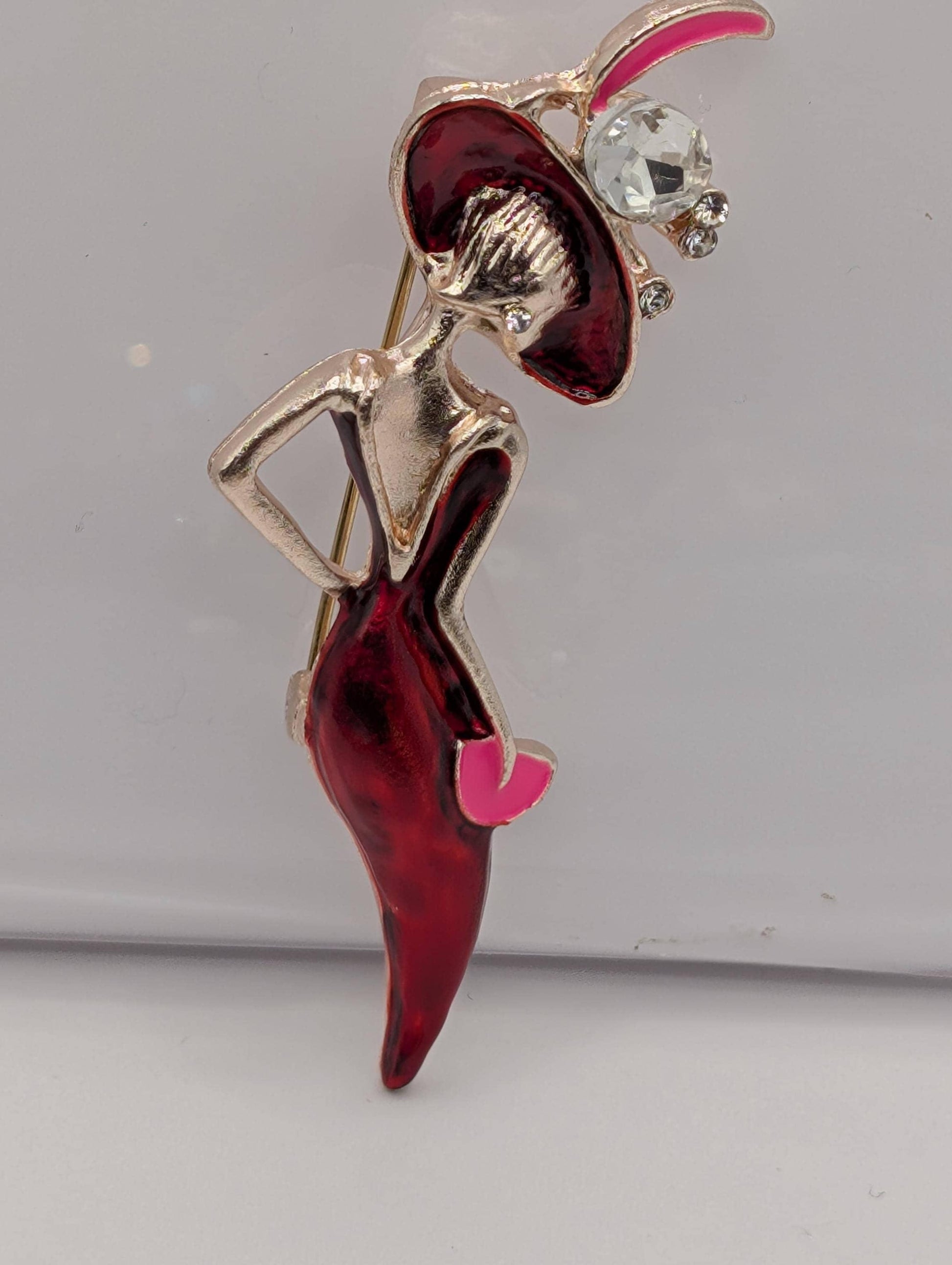 Lady in Red Brooch, Rose Gold Plated with Rhinestones (Compact Pin)