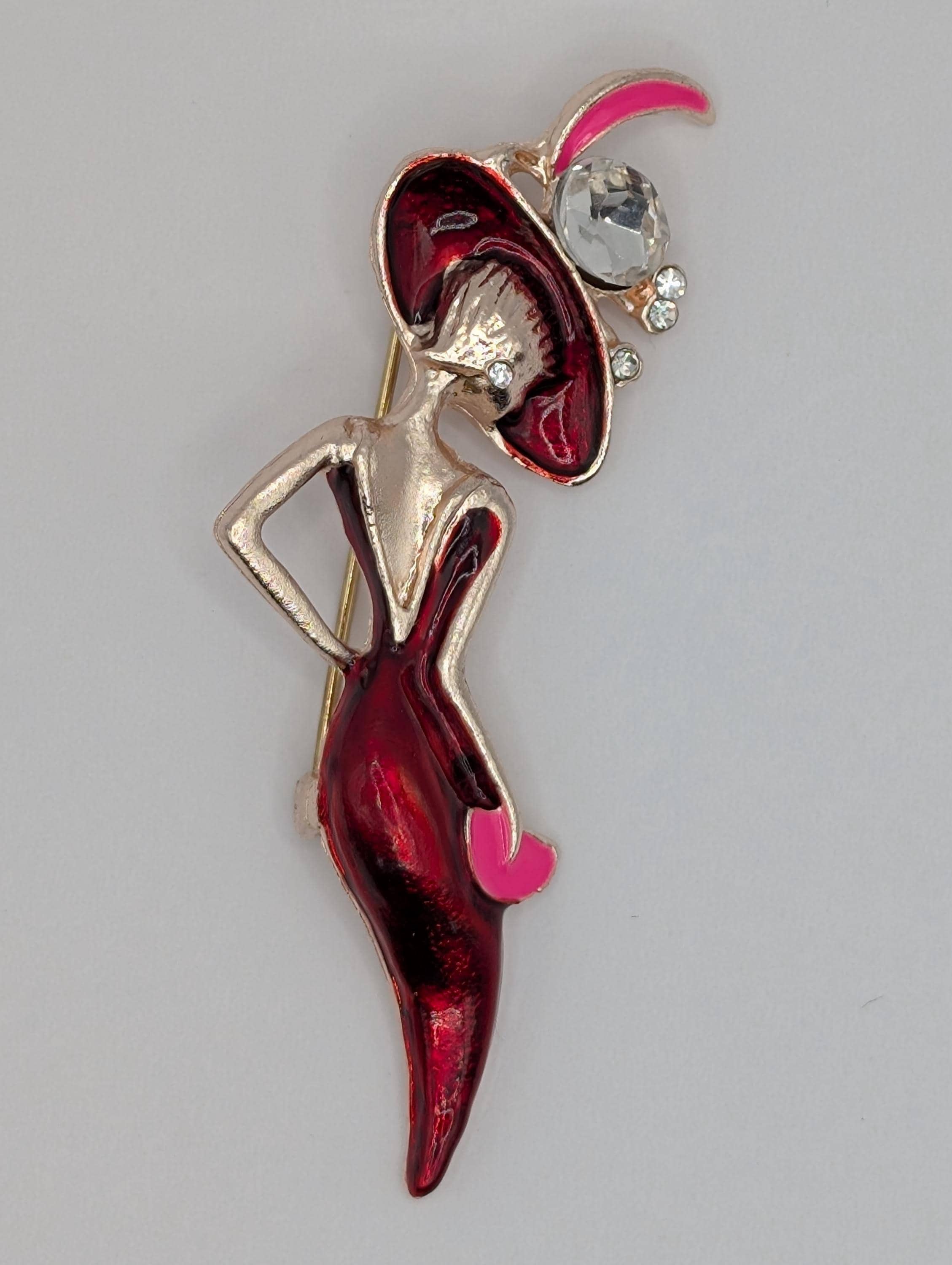 Lady in Red Brooch, Rose Gold Plated with Rhinestones (Compact Pin) | Handmade Pin | Jacket Scarf Hat Accessory | Gift Idea