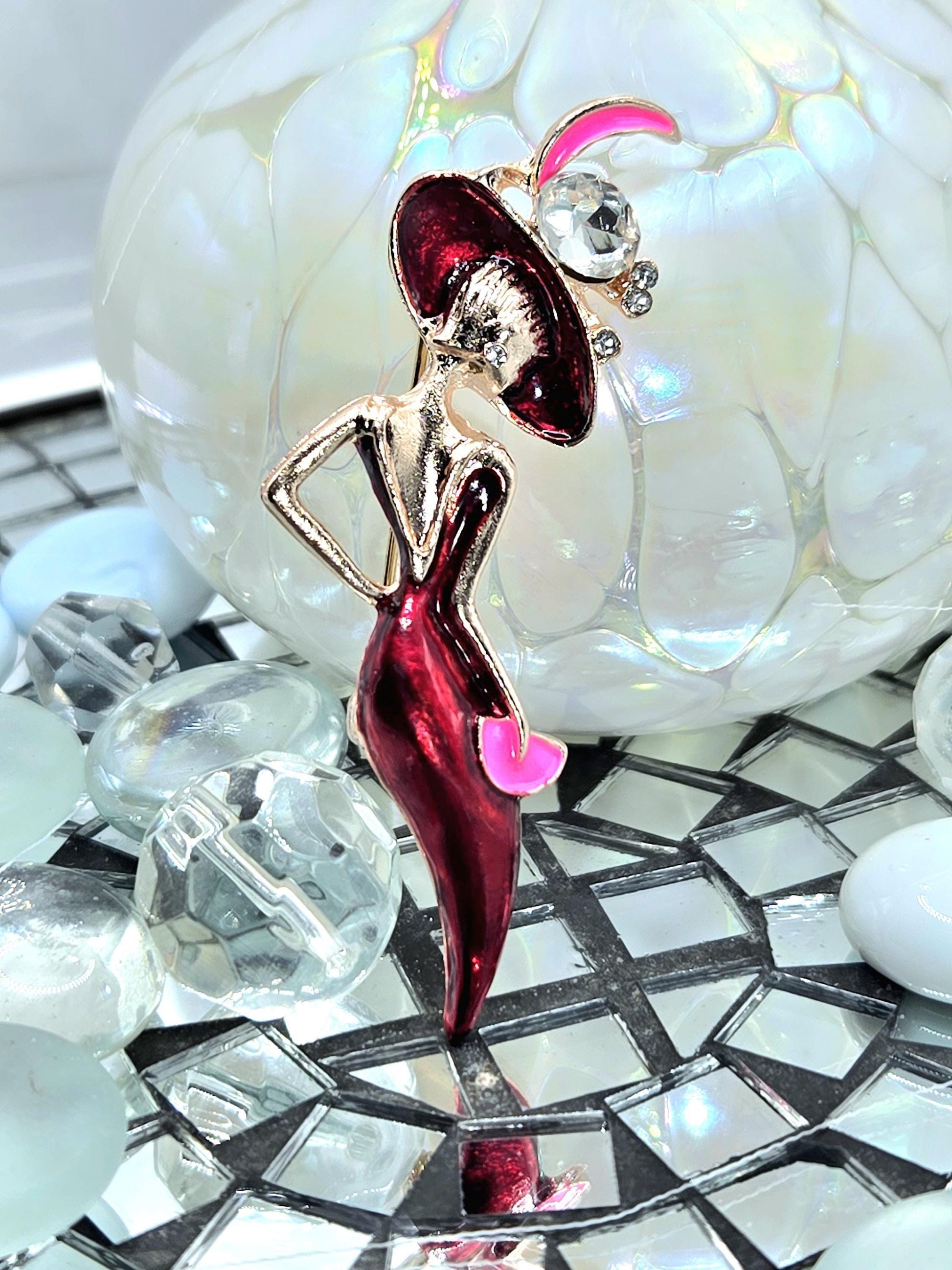 Lady in Red Brooch, Rose Gold Plated with Rhinestones (Compact Pin)