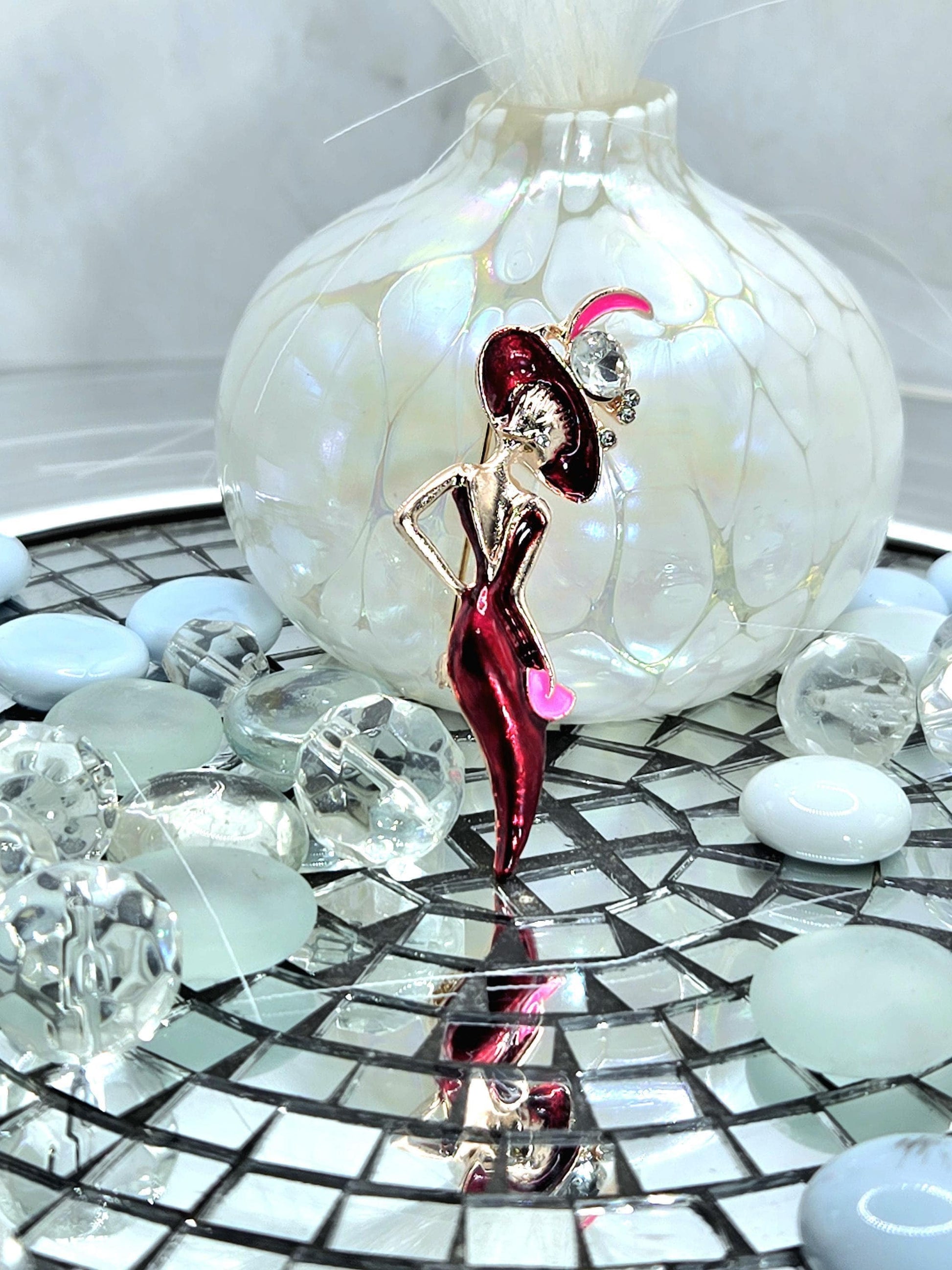 Lady in Red Brooch, Rose Gold Plated with Rhinestones (Compact Pin)