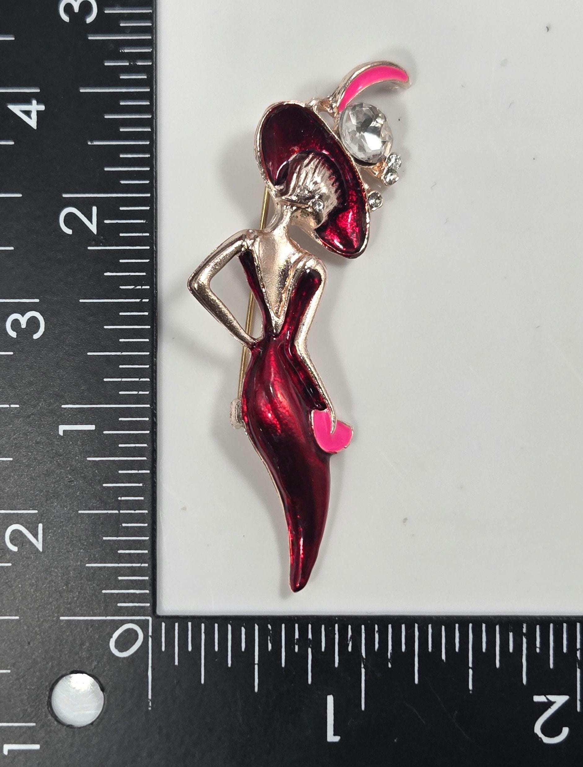 Lady in Red Brooch, Rose Gold Plated with Rhinestones (Compact Pin) | Handmade Pin | Jacket Scarf Hat Accessory | Gift Idea