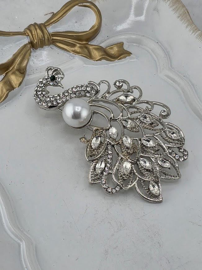 Peacock Brooch Pin: Silver Plated Rhinestone Jewelry (Vintage Style) | Handmade Pin | Jacket Scarf Hat Accessory | Gift Idea